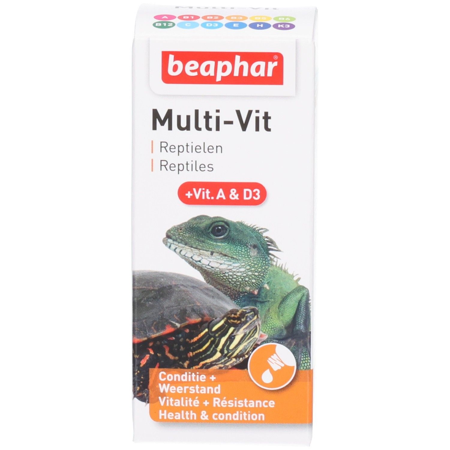 Produktverpackung mit Karton. Karton mit "beaphar Multi-Vit" und Abbildungen von Schildkröte und Echse. Zusatz Vitamine.