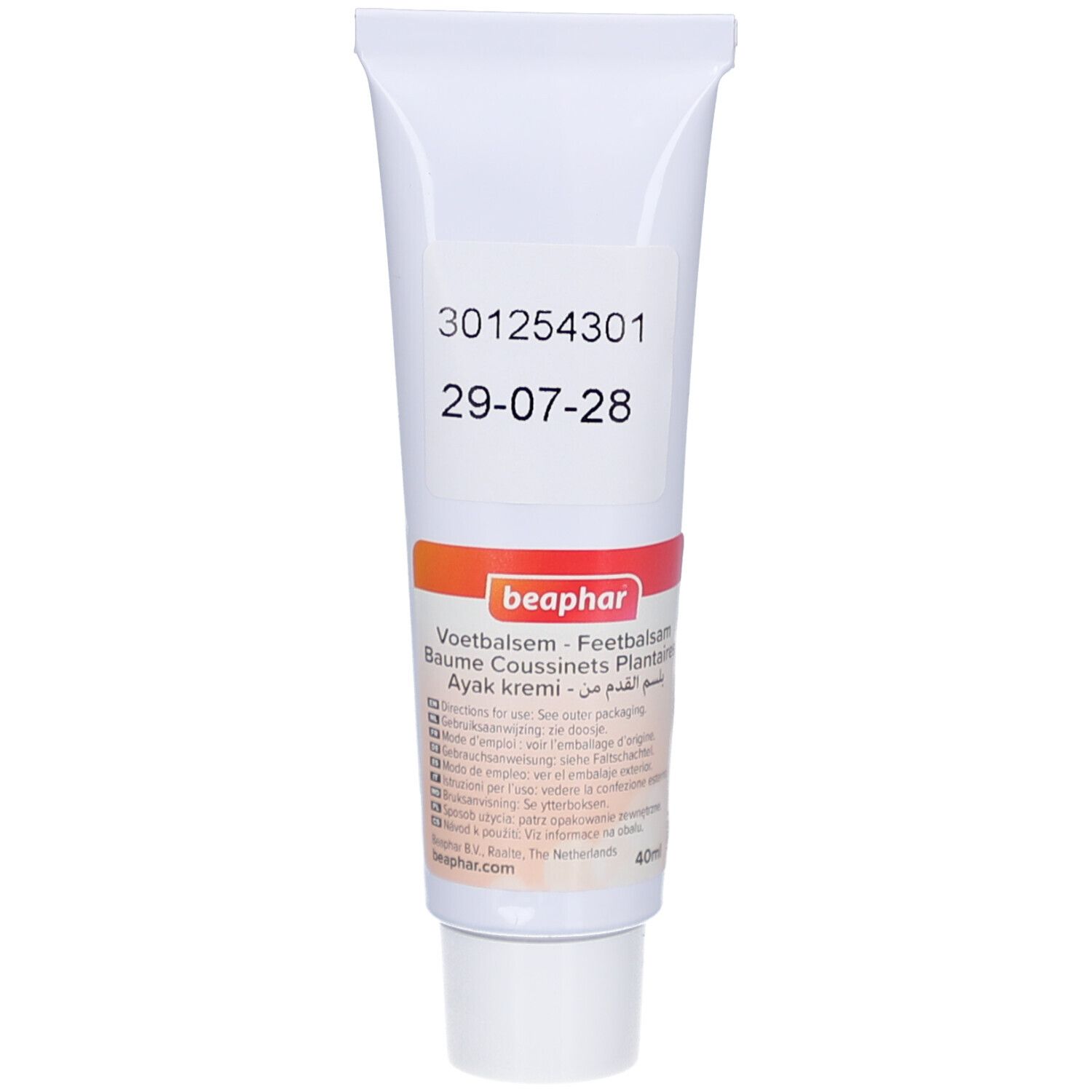 Weiße Tube mit rotem und orangefarbenem Etikett. Text: Beaphar, Voetbalsem, Baume Coussinets Plantaires. Aufdruck: 301254301, 29-07-28.
