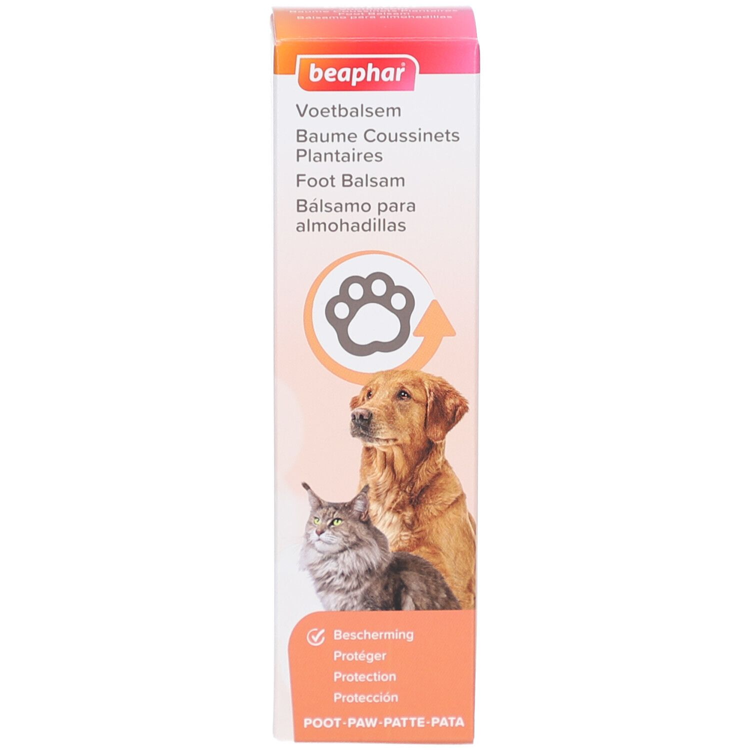 Produktverpackung. Rechteckig, weiß, orange, rosa. Abbildung: Hund und Katze. Text: Beaphar, Voetbalsem, Baume Coussinets Plantaires.
