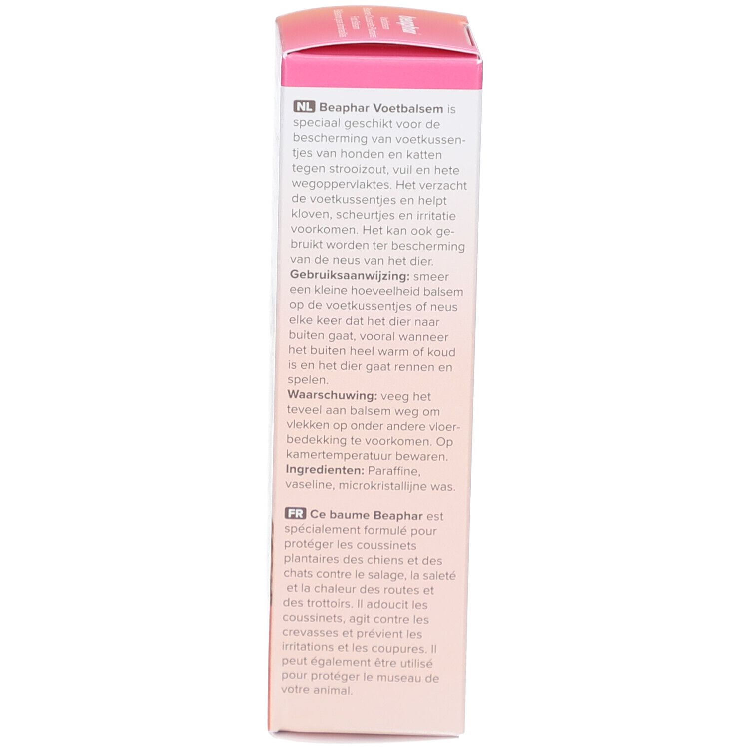 Produktverpackung. Rückseite. Text in niederländischer und französischer Sprache. Text: Beaphar Voetbalsem, Baume.