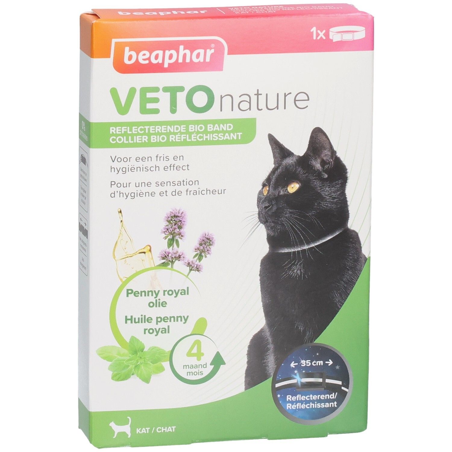 Boîte Beaphar Vetonature Bio-Reflecteur pour chats. Huile de penny royal. Protection 4 mois. Chat avec collier.
