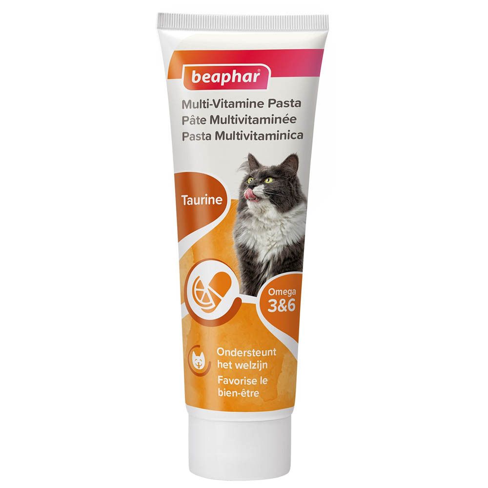 Tube de pâte multivitamines Beaphar pour chats. Contient de la taurine et des oméga 3&6. Image d'un chat.