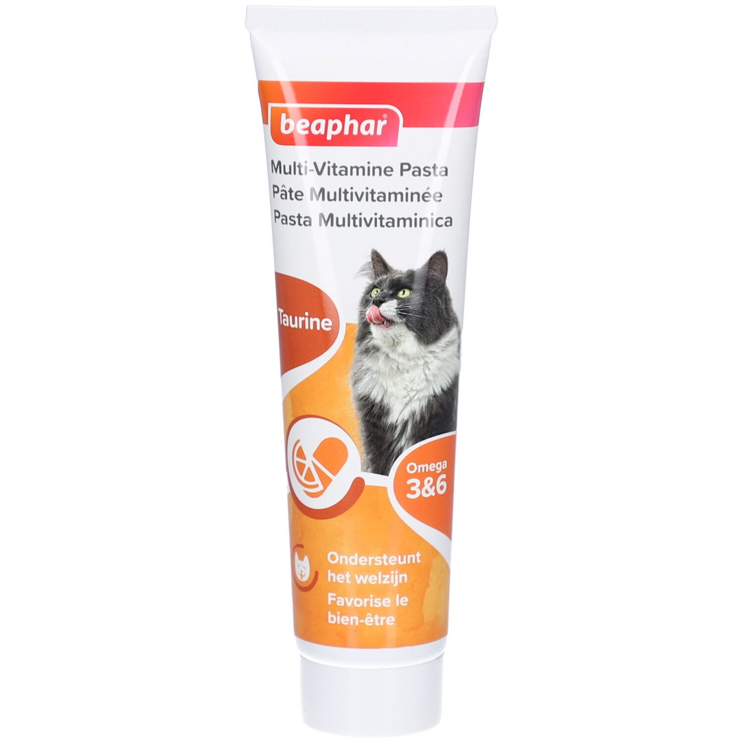 Tube mit Beaphar Multi-Vitamine Pasta für Katzen. Enthält Taurin und Omega 3&6. Abbildung einer Katze.