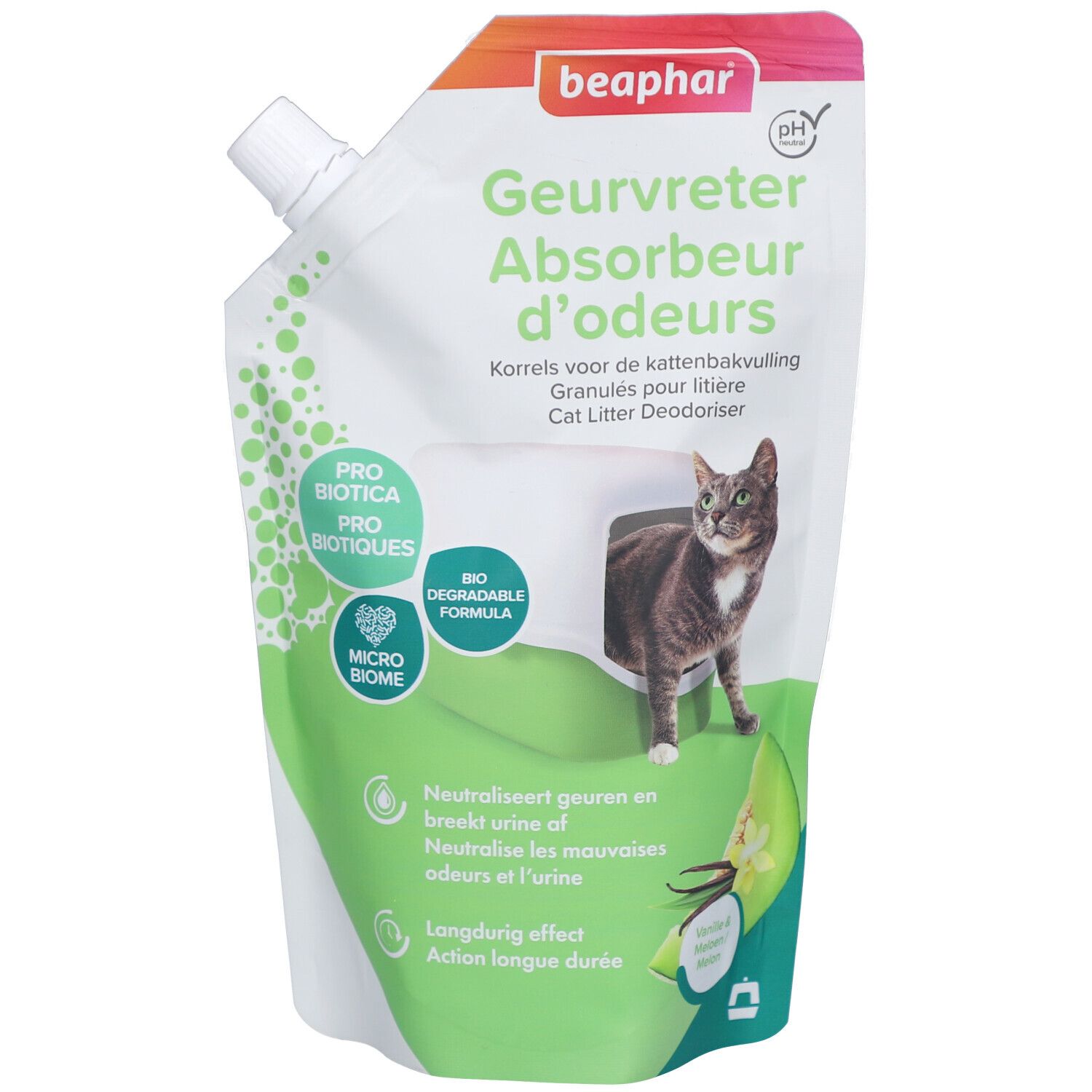 Beutel mit Beaphar Geurvreter Absorbeur d'odeurs. Katze im Katzenklo-Ausschnitt. Text: Pro Biotica, Micro Biome, biologisch abbaubar.