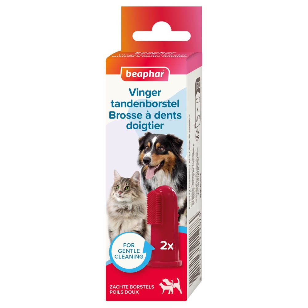 Brosse à dents doigtier rouge dans une boîte. Marque Beaphar. Chat et chien à côté du produit. Texte: Vingertandenborstel.