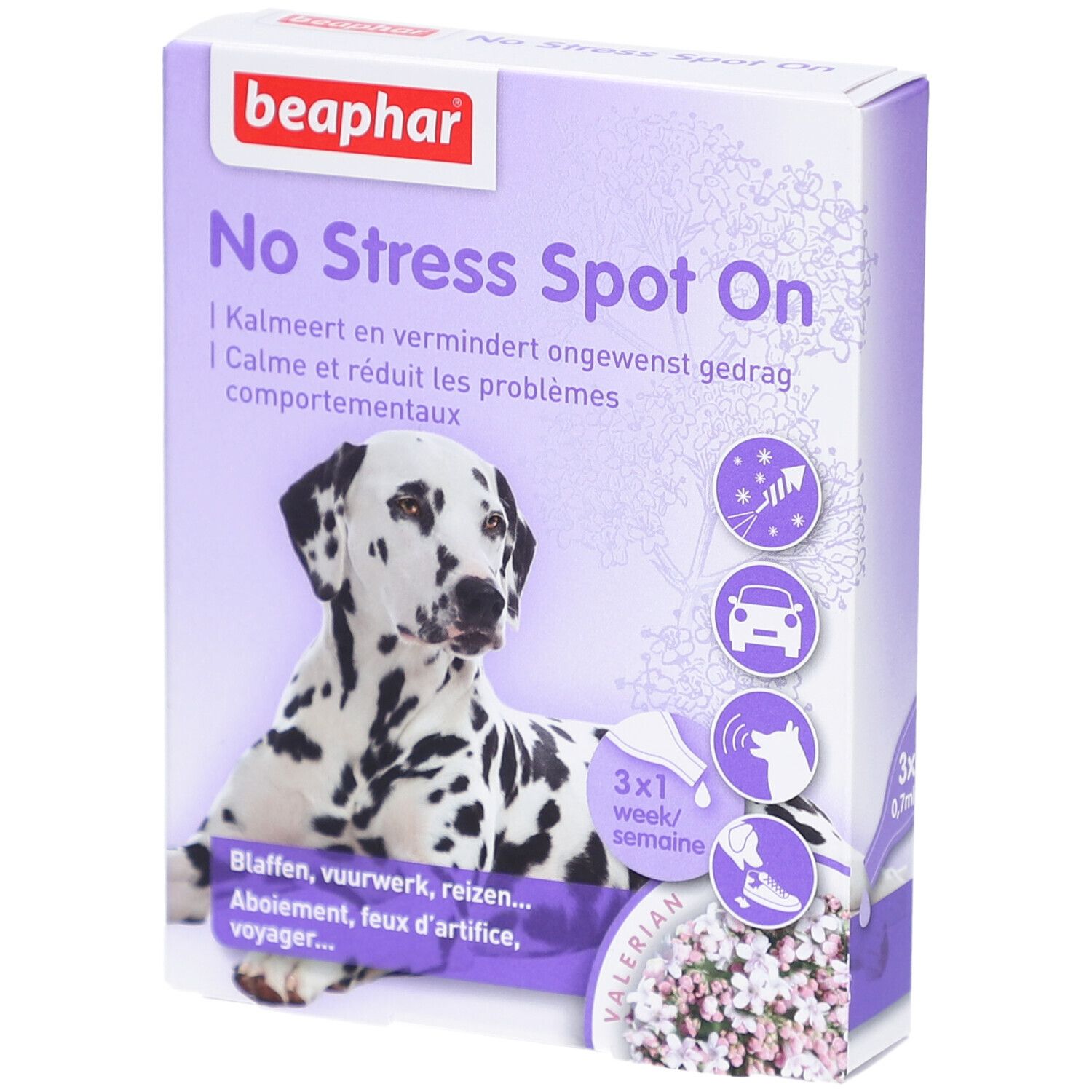 Verpackung von Beaphar No Stress Spot On. Dalmatiner-Hund auf lila Hintergrund. Text: No Stress Spot On, beruhigt, reduziert Probleme.