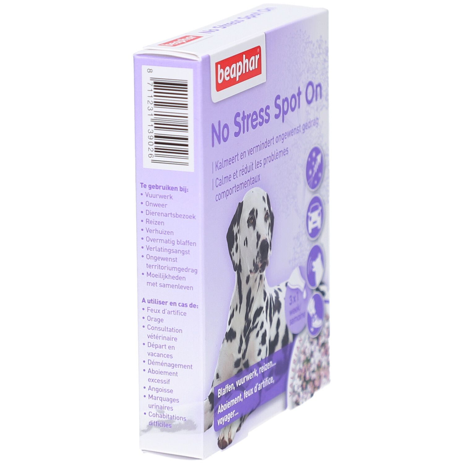 Beaphar No Stress Spot On-Verpackung, Seitenansicht. Dalmatiner-Hund, Text: No Stress Spot On, beruhigt, reduziert Probleme. Barcode.