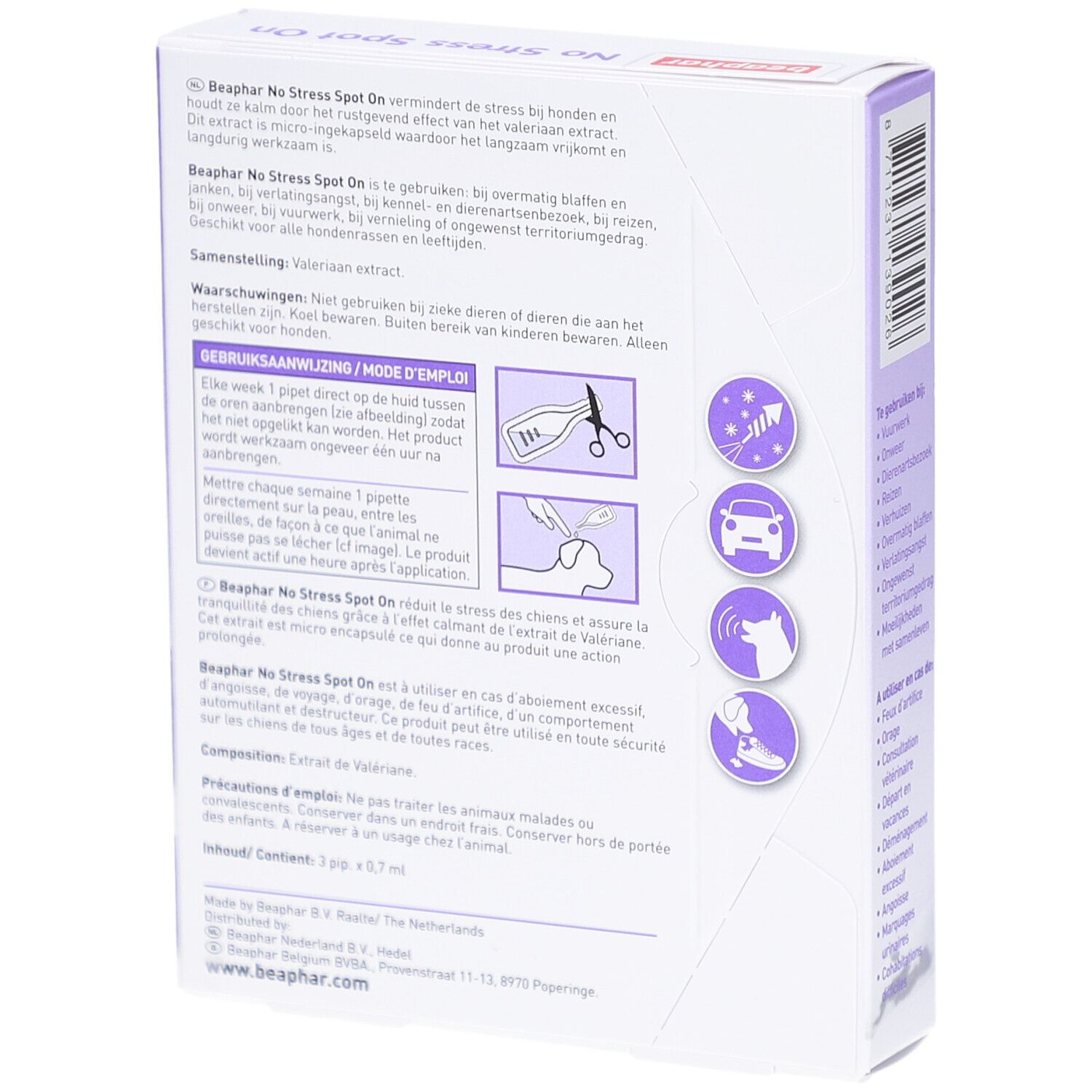 Rückseite der Beaphar No Stress Spot On-Verpackung. Text: Gebrauchsanweisung, Inhaltsstoffe, Warnhinweise. Illustrationen.