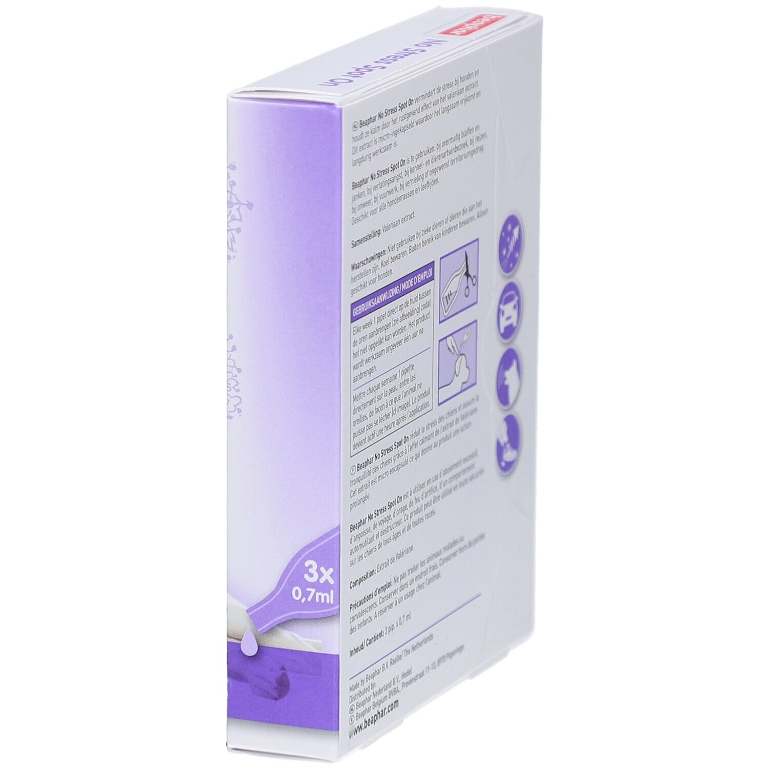 Beaphar No Stress Spot On-Verpackung, Seitenansicht. Text: 3x 0,7ml. Illustration einer Pipette.