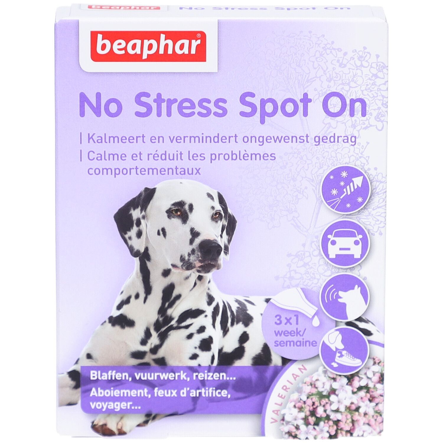 Beaphar No Stress Spot On-Verpackung. Dalmatiner-Hund auf lila Hintergrund. Text: No Stress Spot On, beruhigt, reduziert Probleme.