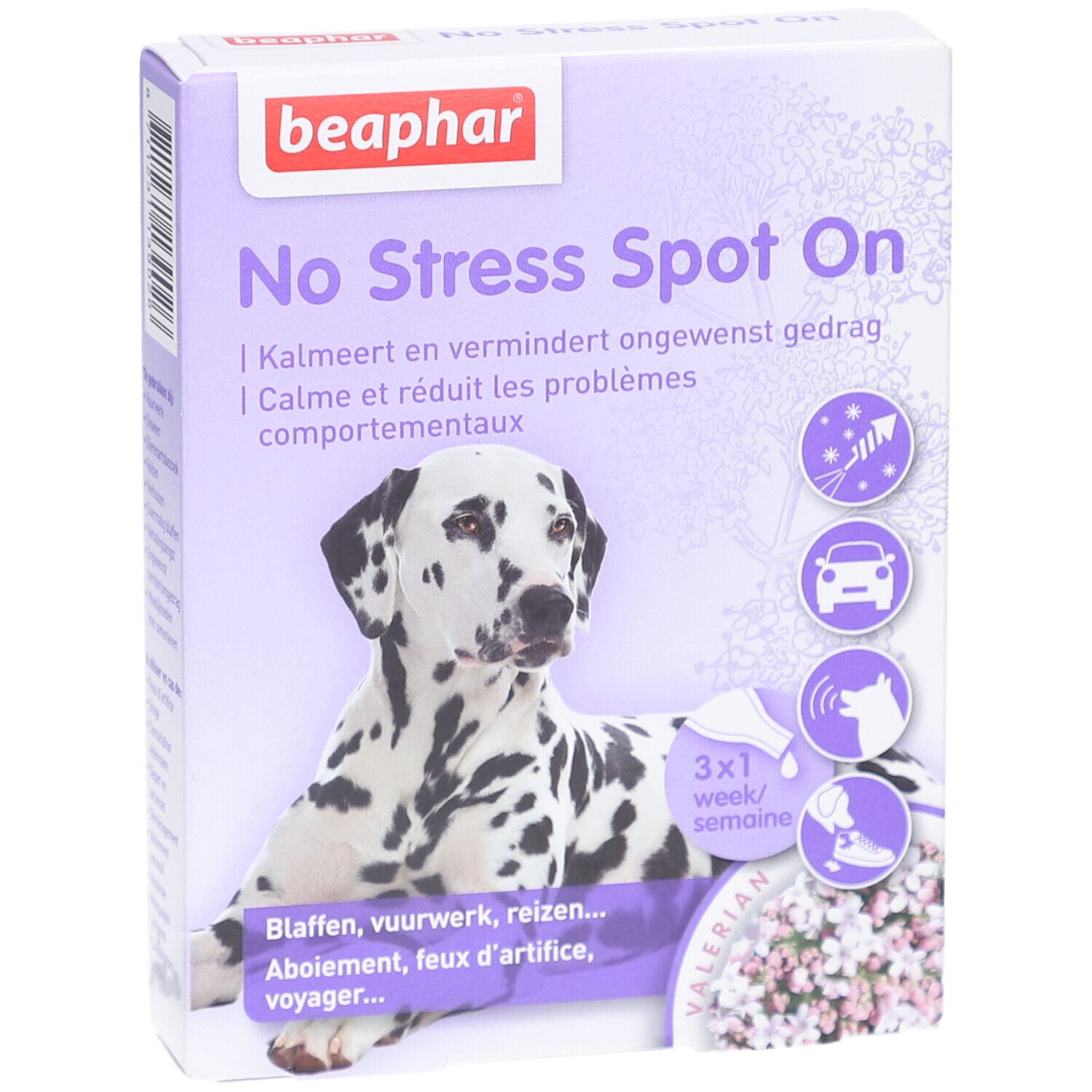 Beaphar No Stress Spot On-Verpackung. Dalmatiner-Hund auf lila Hintergrund. Text: No Stress Spot On, beruhigt, reduziert Probleme.