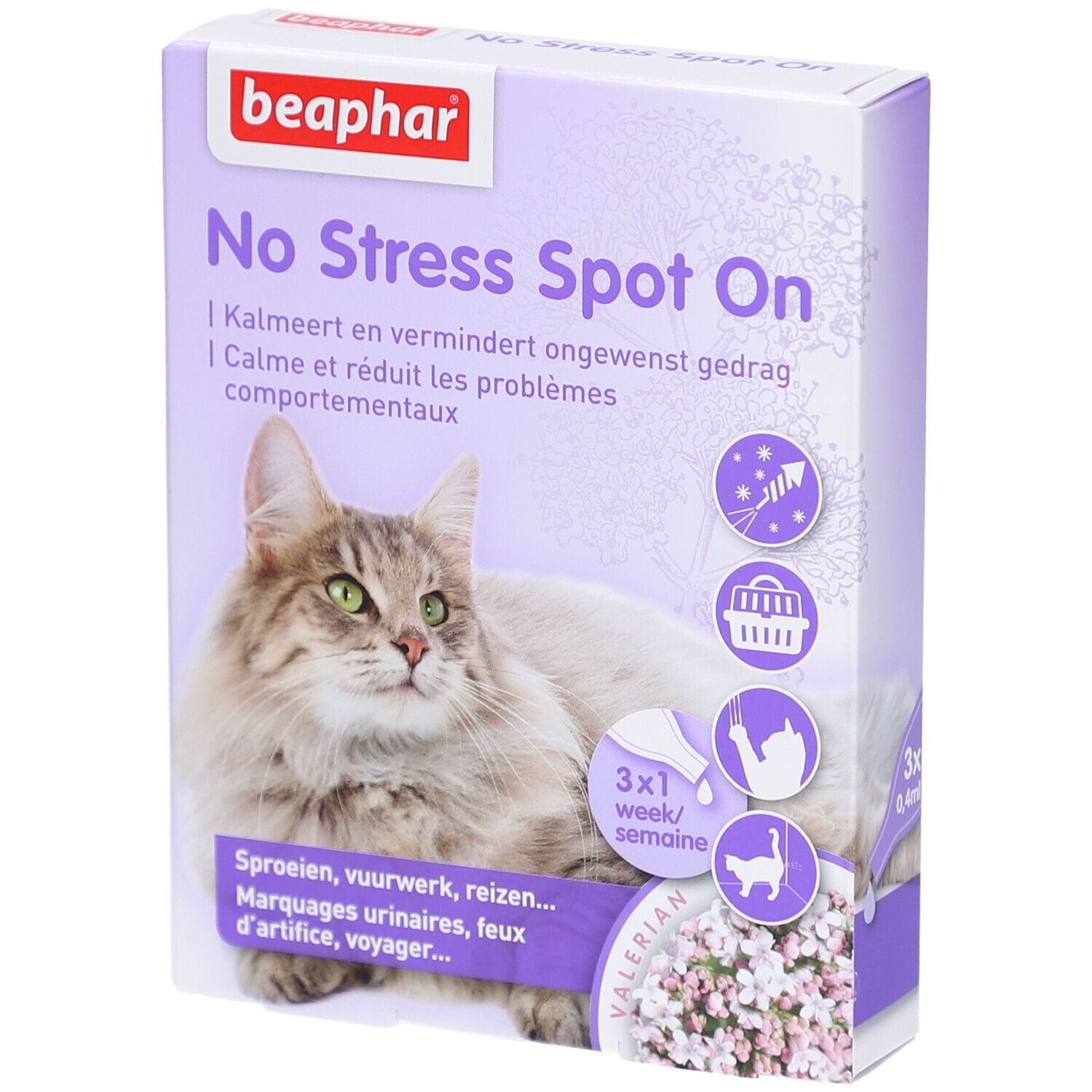 Beaphar® No Stress Spot On Chat-Verpackung. Lila-weiße Schachtel mit Katze, Produktname und Illustrationen.