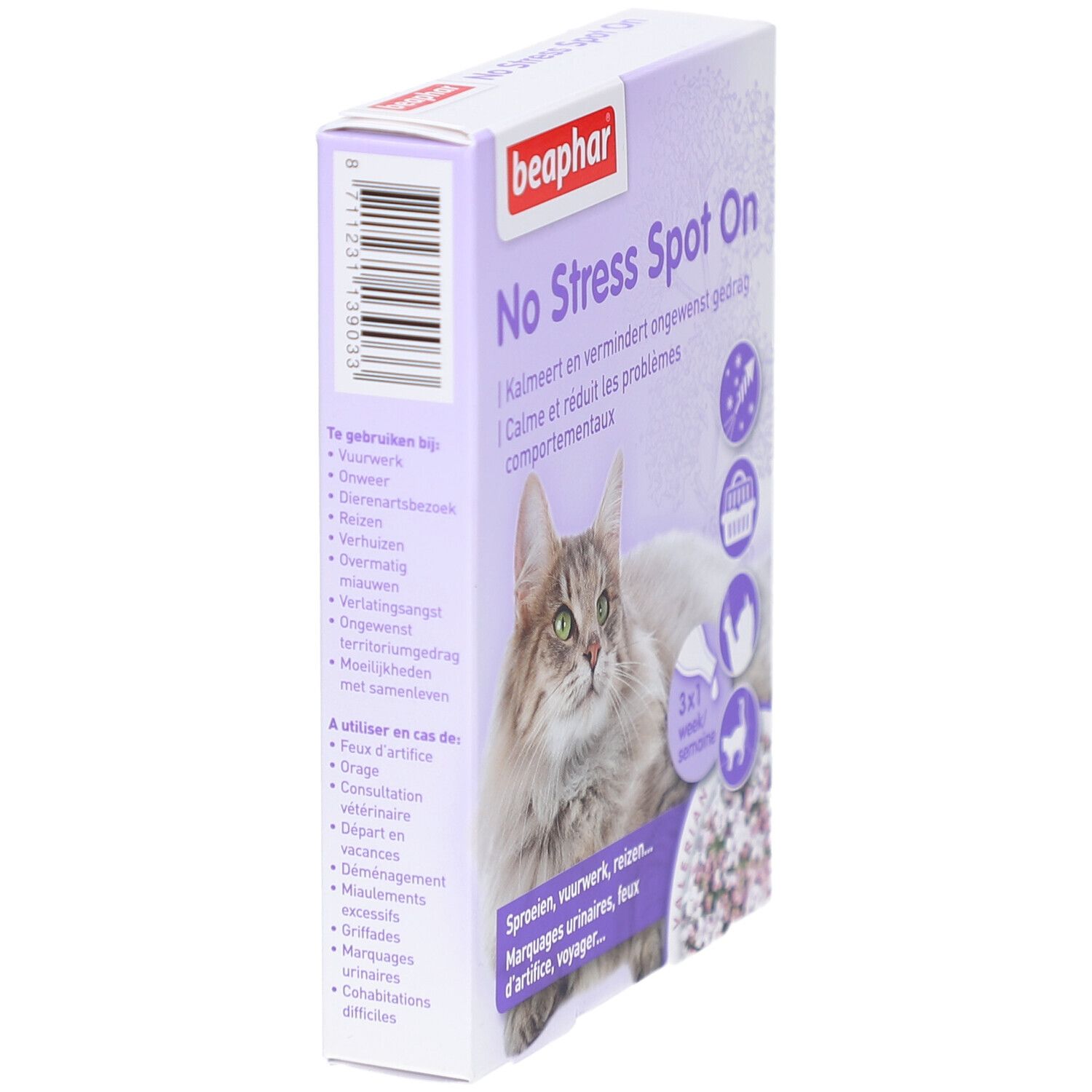 Beaphar® No Stress Spot On Chat-Verpackung. Schachtel mit Produktname, Katze und Text. Seitenansicht.