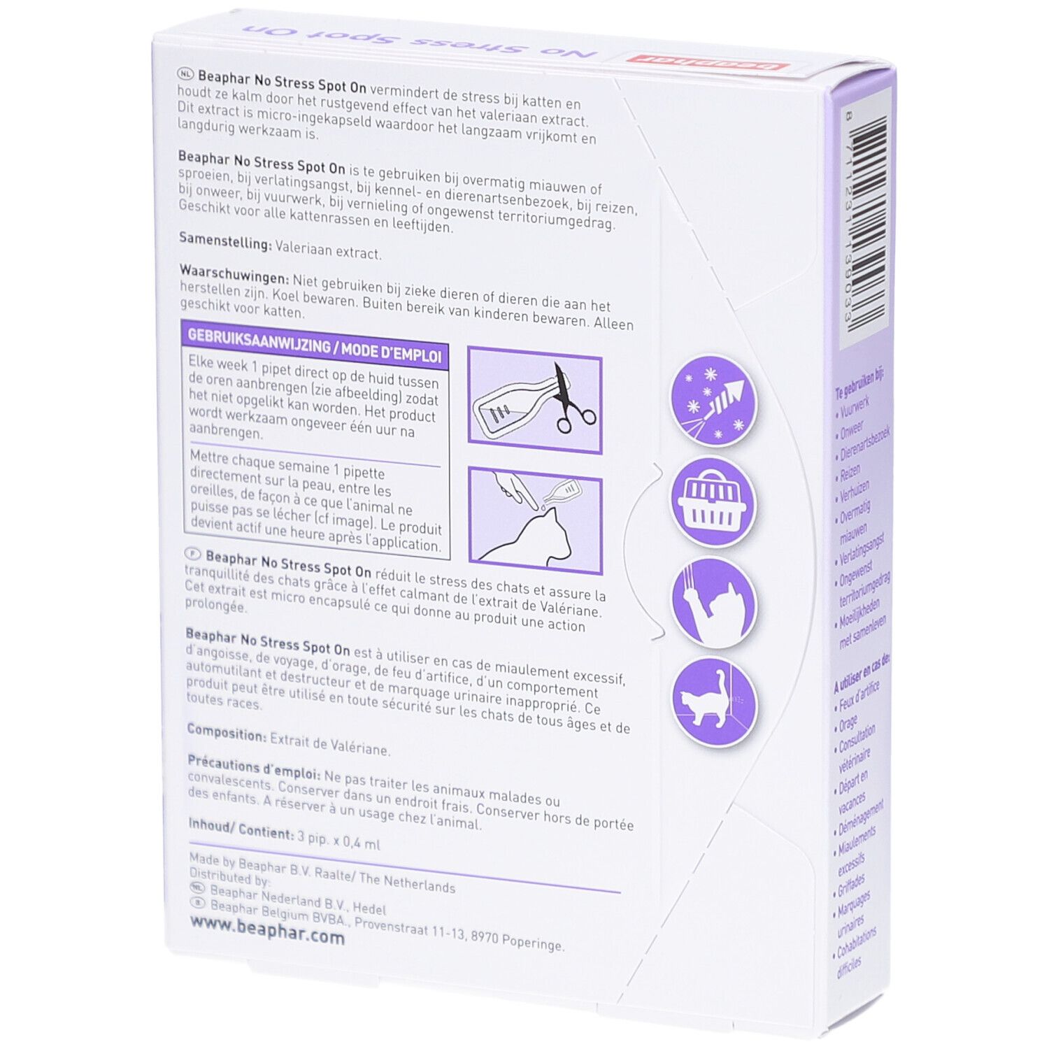 Rückseite der Beaphar® No Stress Spot On Chat-Verpackung. Text, Illustrationen und Anweisungen.