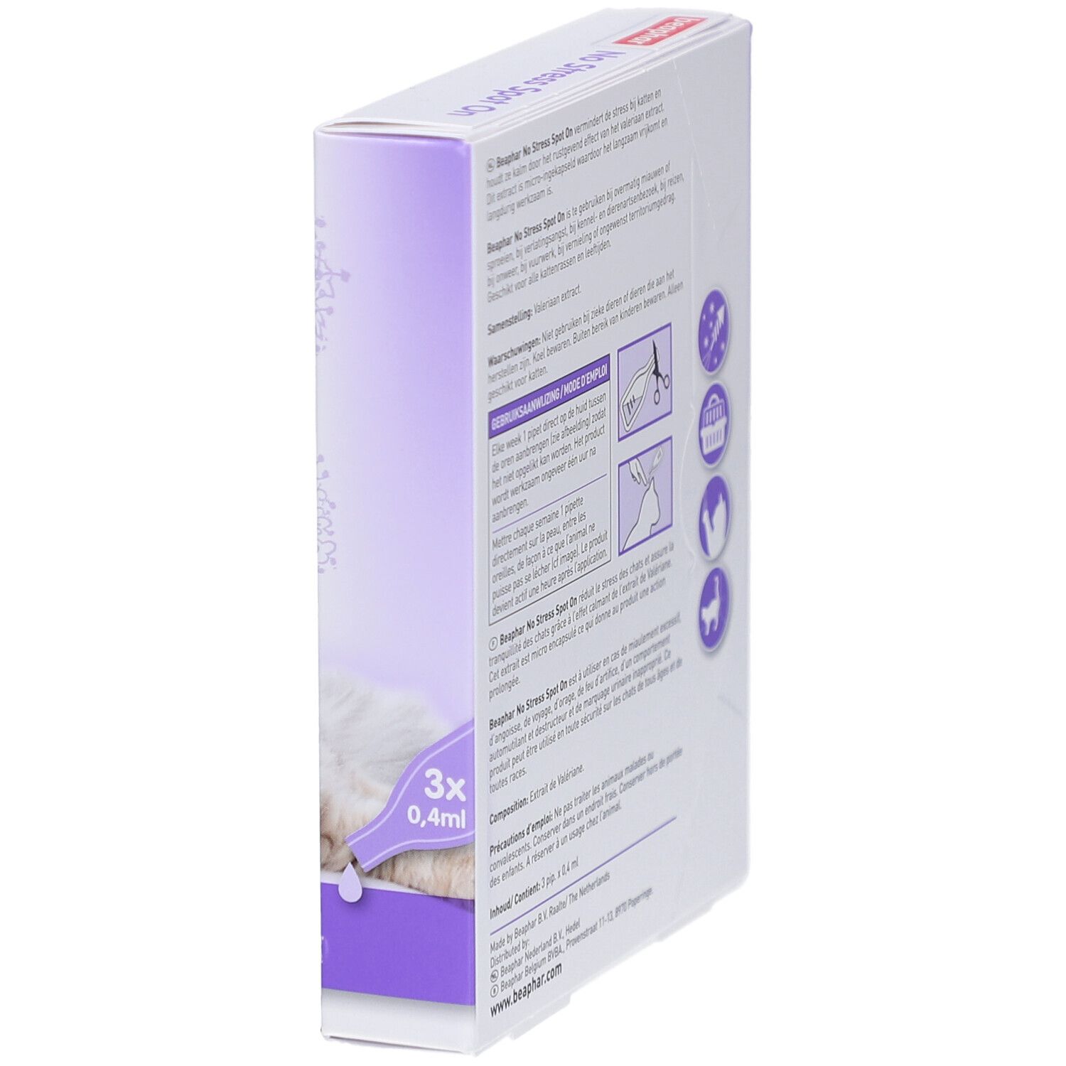 Beaphar® No Stress Spot On Chat-Verpackung. Seitenansicht mit Produktinformationen und Dosierung.