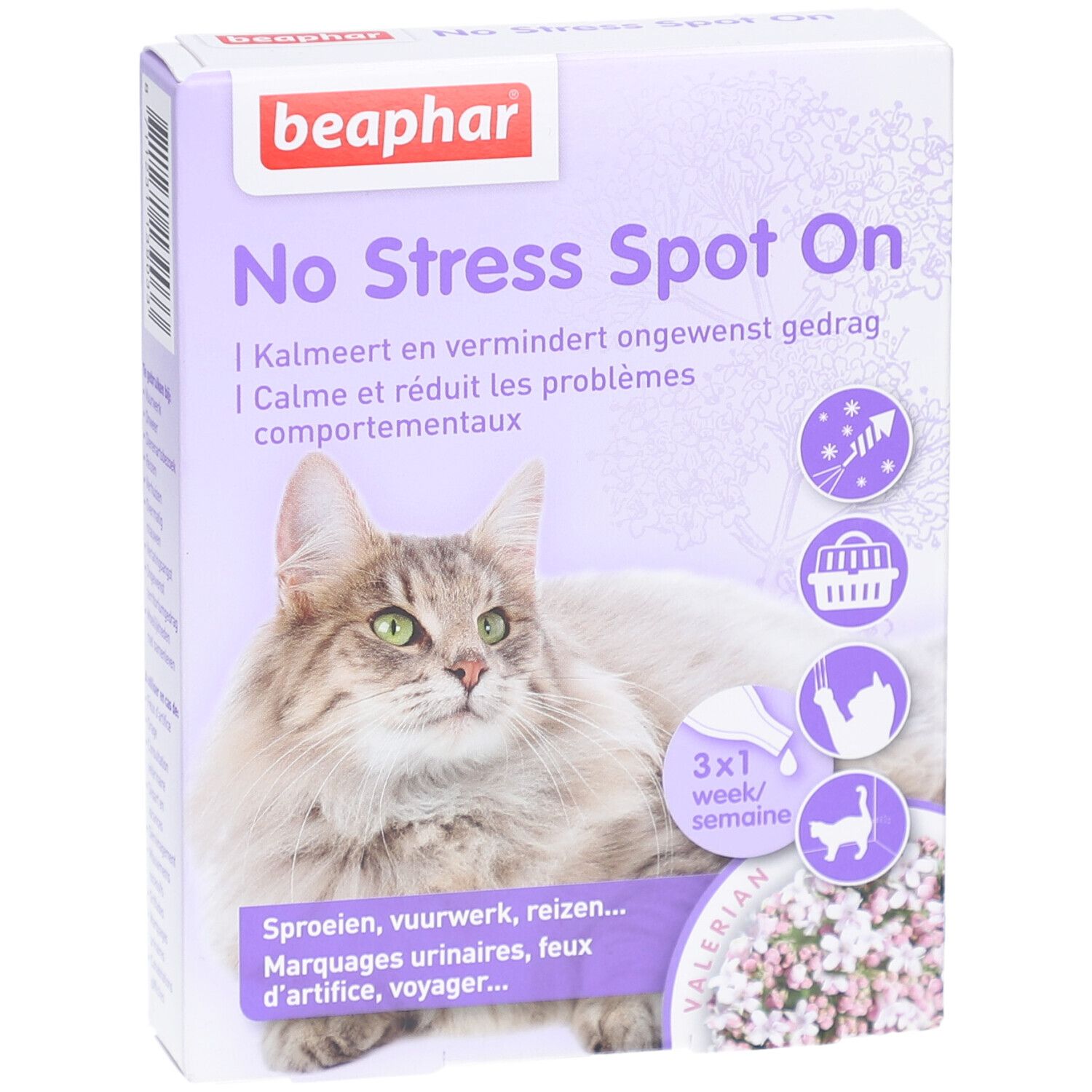 Beaphar® No Stress Spot On Chat-Verpackung. Lila-weiße Schachtel mit Katze, Produktname und Illustrationen.
