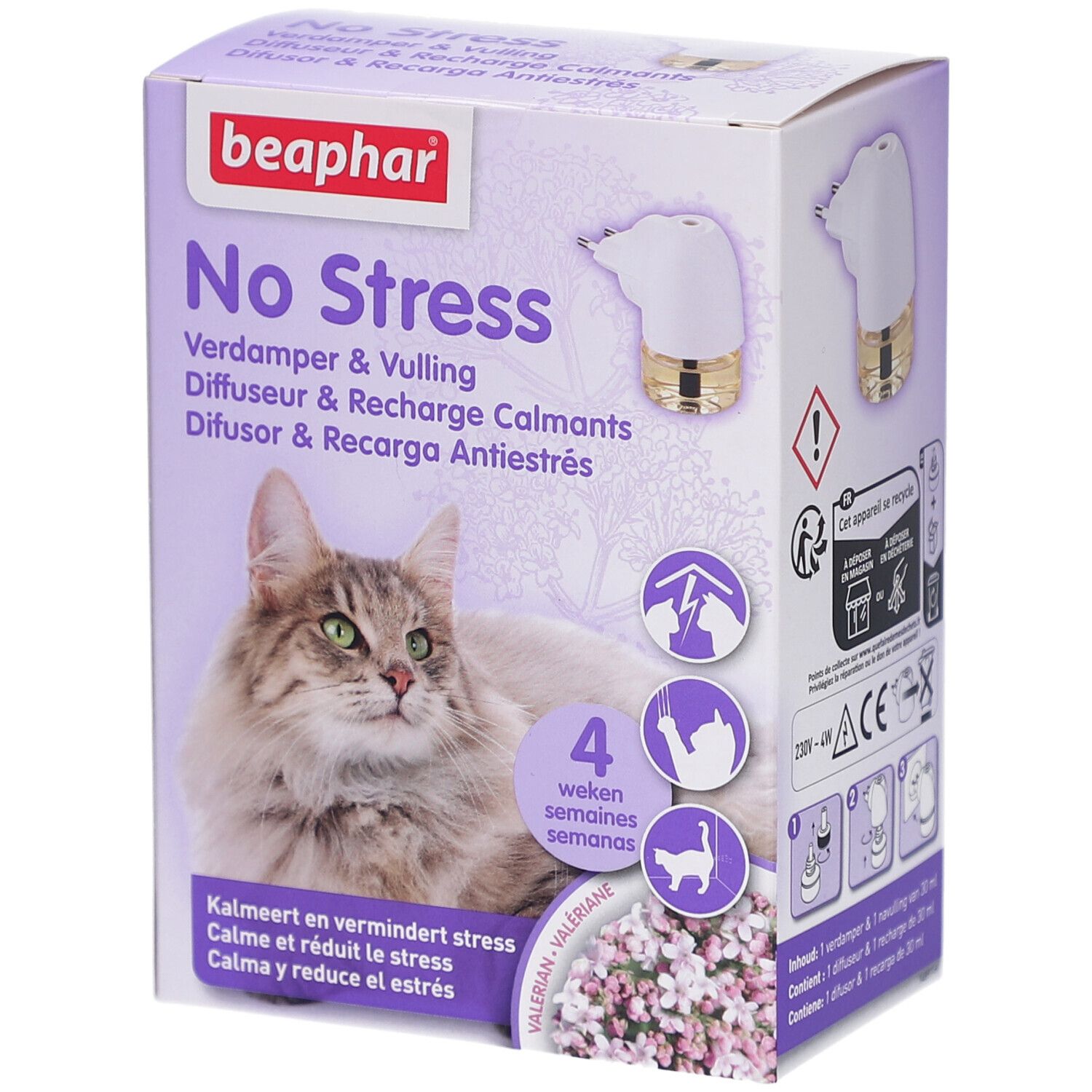 Verpackung von Beaphar No Stress. Produktabbildung, Katze, Produktname, Logos und Text in mehreren Sprachen.