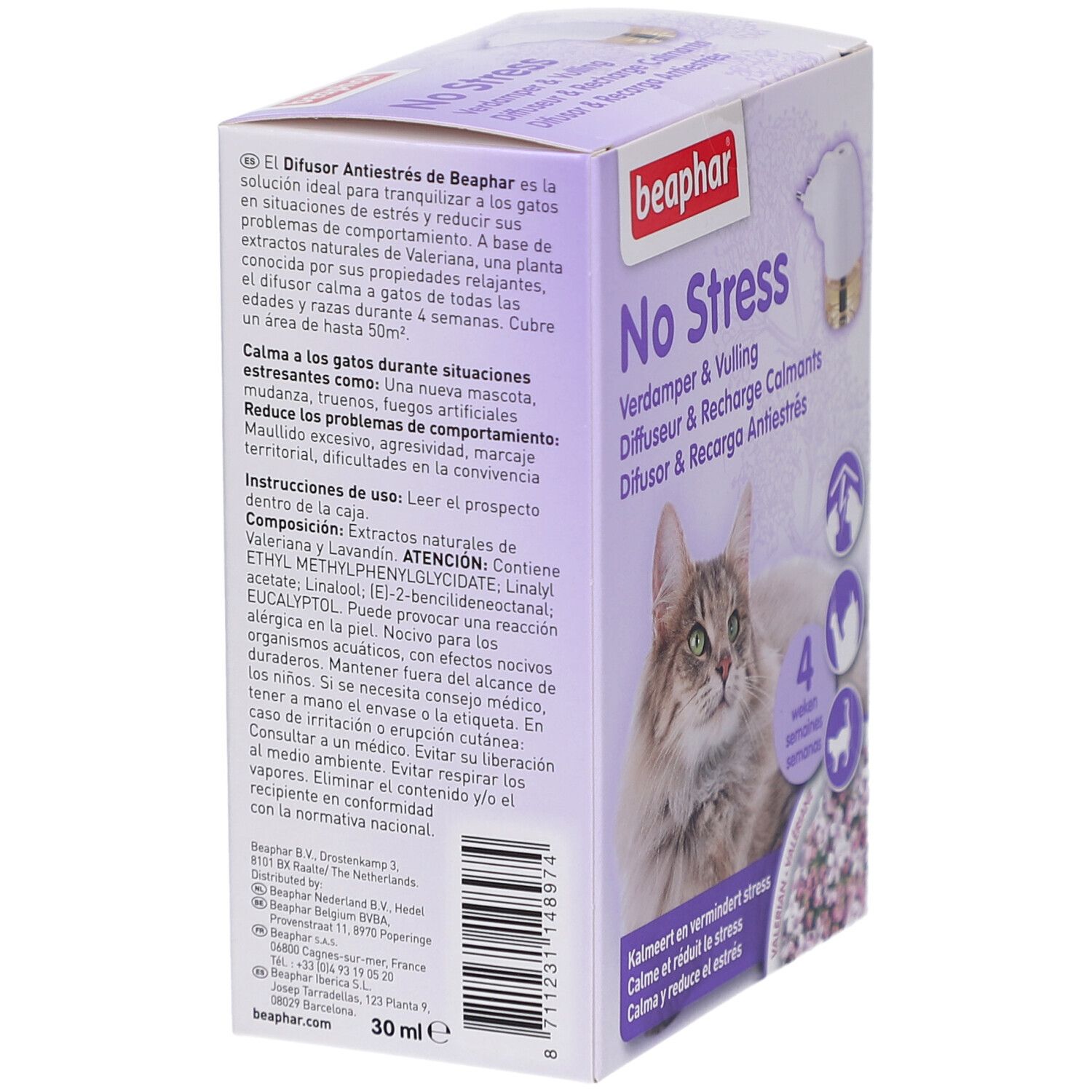 Produktverpackung von Beaphar No Stress. Text in mehreren Sprachen, Produktabbildung, Inhaltsangabe und Warnhinweise.