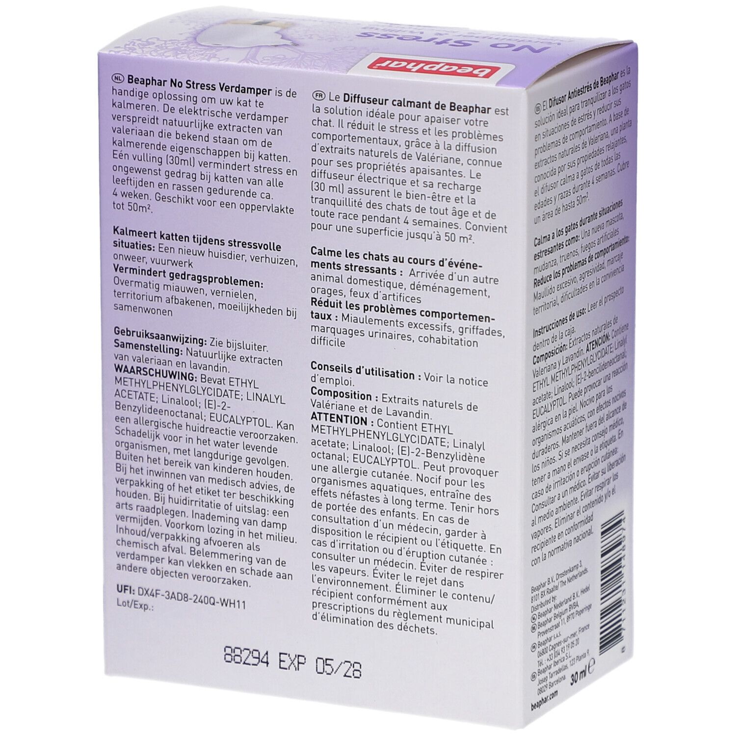 Produktverpackung von Beaphar No Stress. Text in mehreren Sprachen, Produktabbildung, Inhaltsangabe und Warnhinweise.