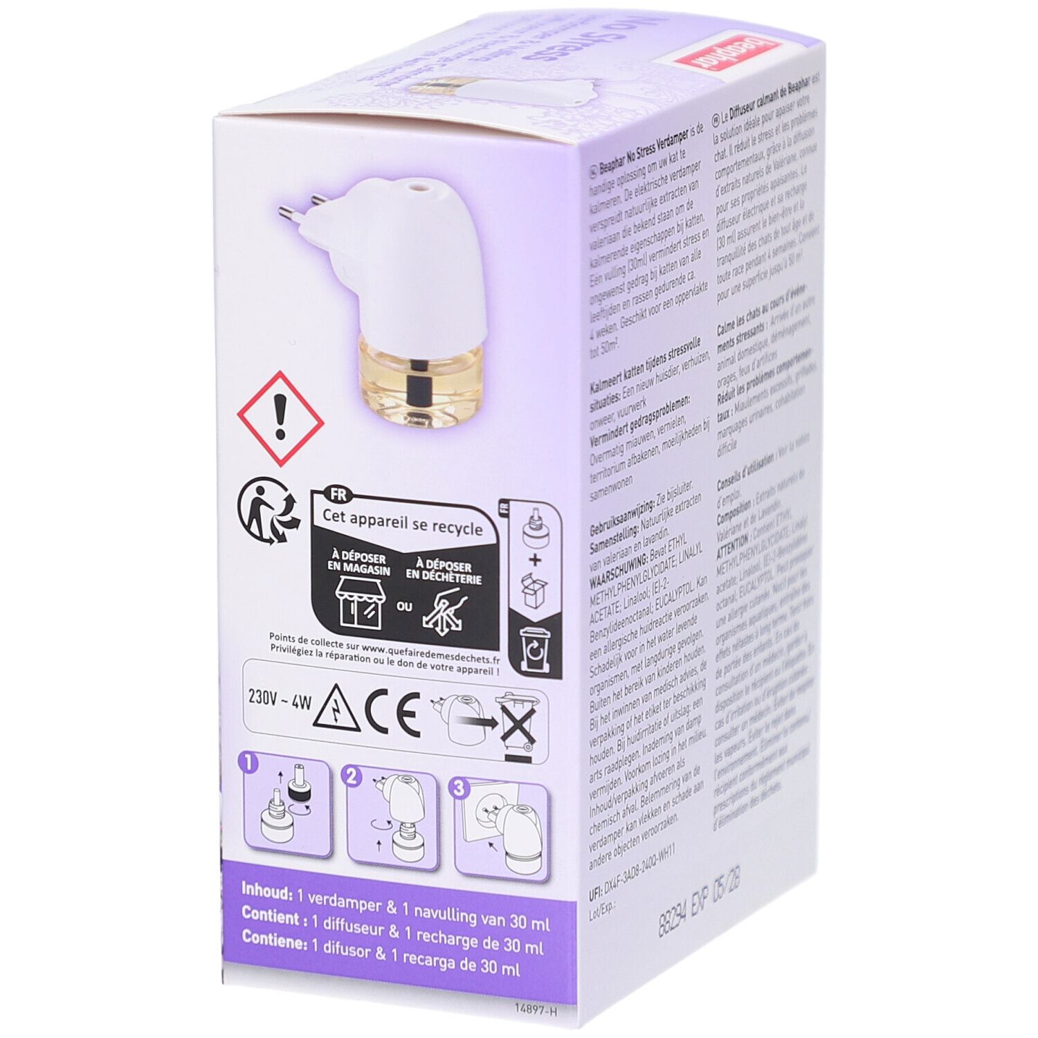 Produktverpackung von Beaphar No Stress. Produktabbildung, Warnhinweise, Recycling-Symbol und Anweisungen.