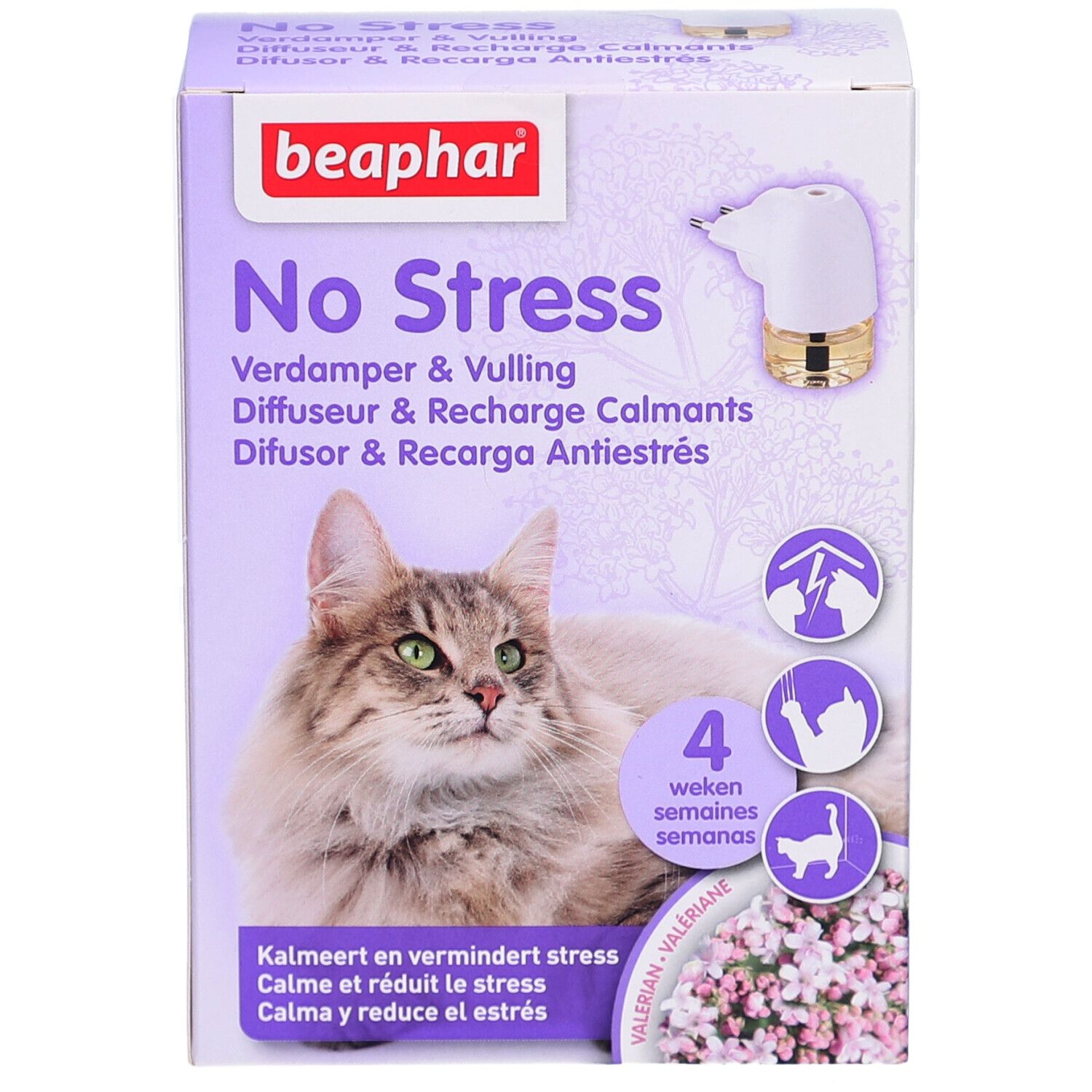 Produktverpackung von Beaphar No Stress. Produktabbildung, Katze, Produktname, Logos und Text in mehreren Sprachen.