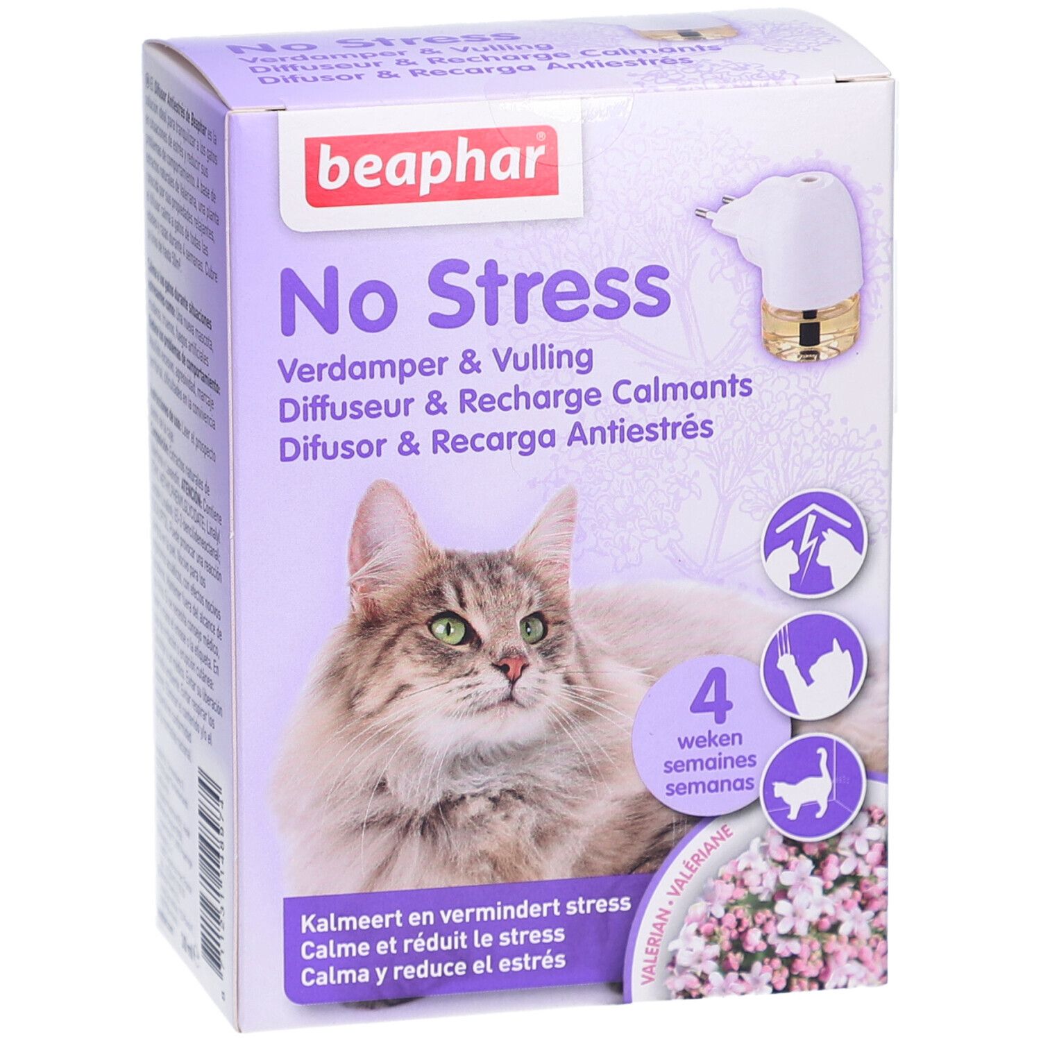 Produktverpackung von Beaphar No Stress. Produktabbildung, Katze, Produktname, Logos und Text in mehreren Sprachen.