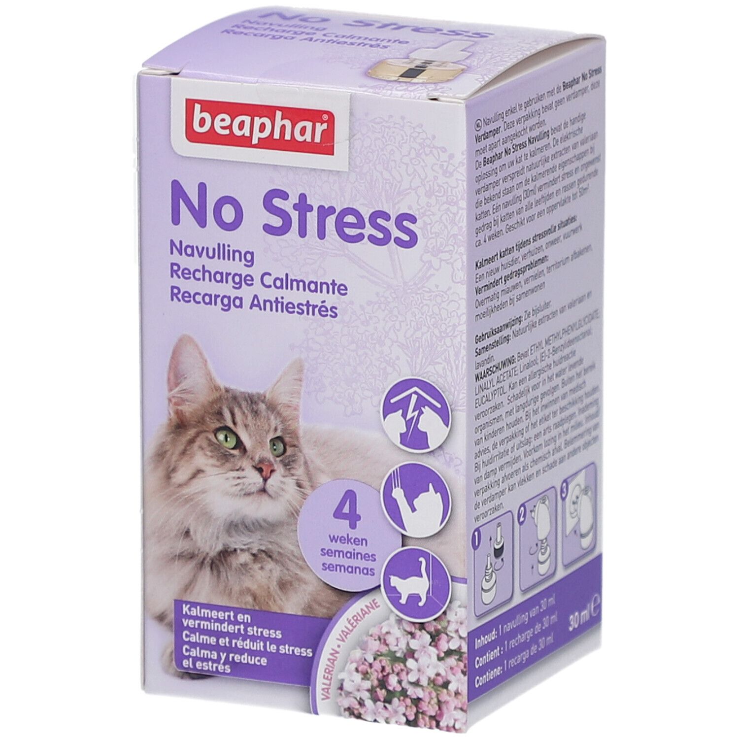 Beaphar No Stress-Verpackung. Enthält eine Nachfüllpackung für Katzen. Zeigt eine Katze und Produktinformationen.