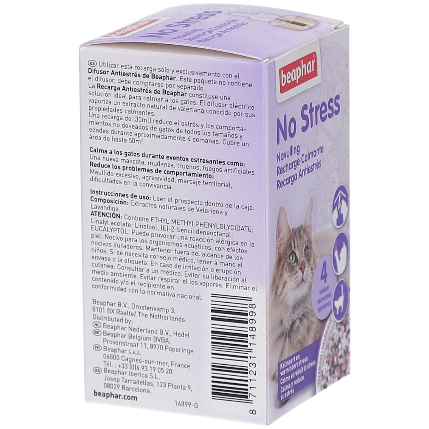 Rückseite der Beaphar No Stress-Verpackung. Textinformationen und ein Bild einer Katze sind sichtbar.