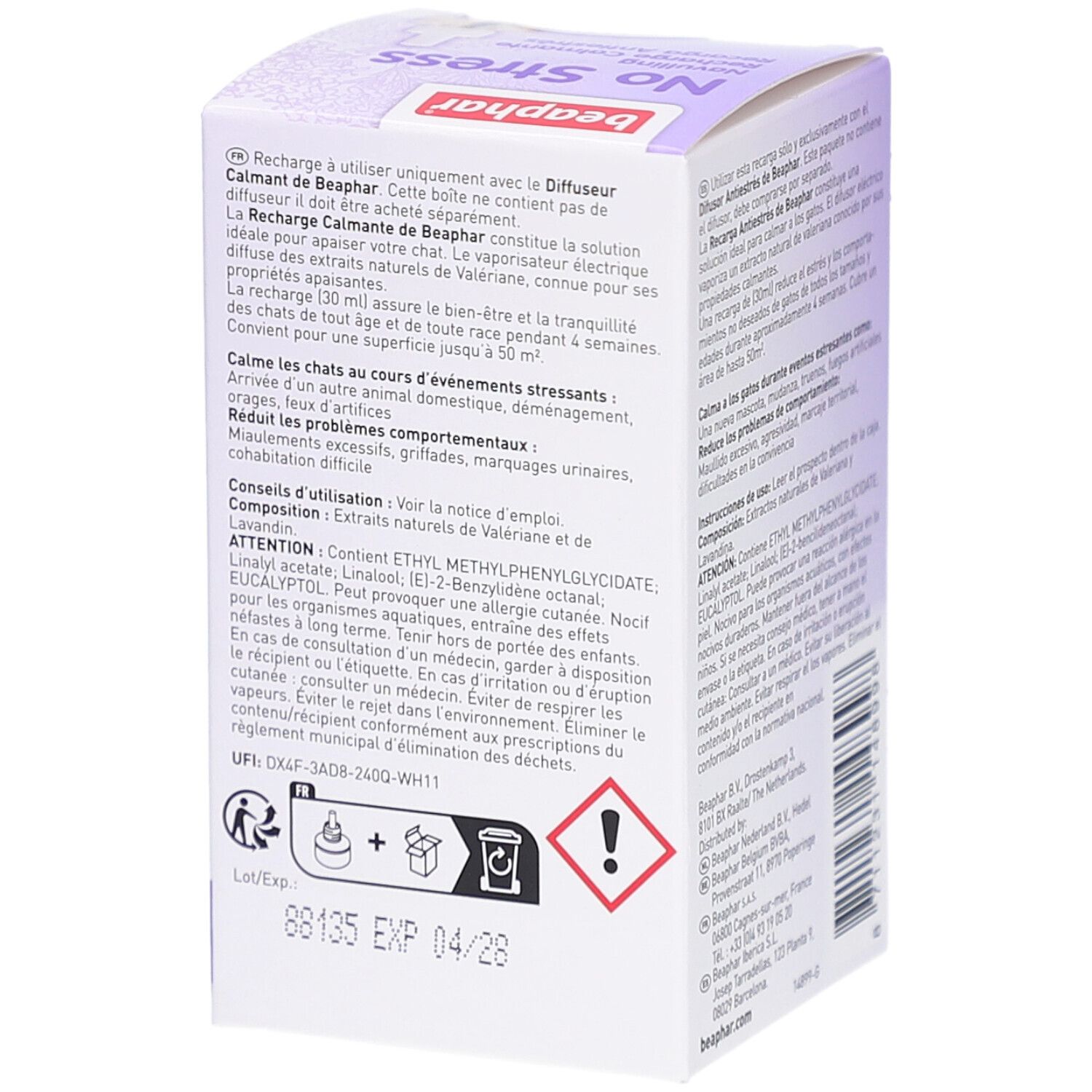 Oberseite der Beaphar No Stress-Verpackung. Text und Piktogramme sind sichtbar.