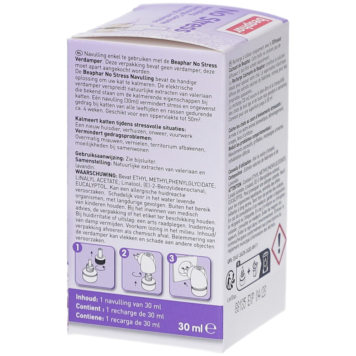 Rückseite der Beaphar No Stress-Verpackung. Anweisungen und Piktogramme sind sichtbar.