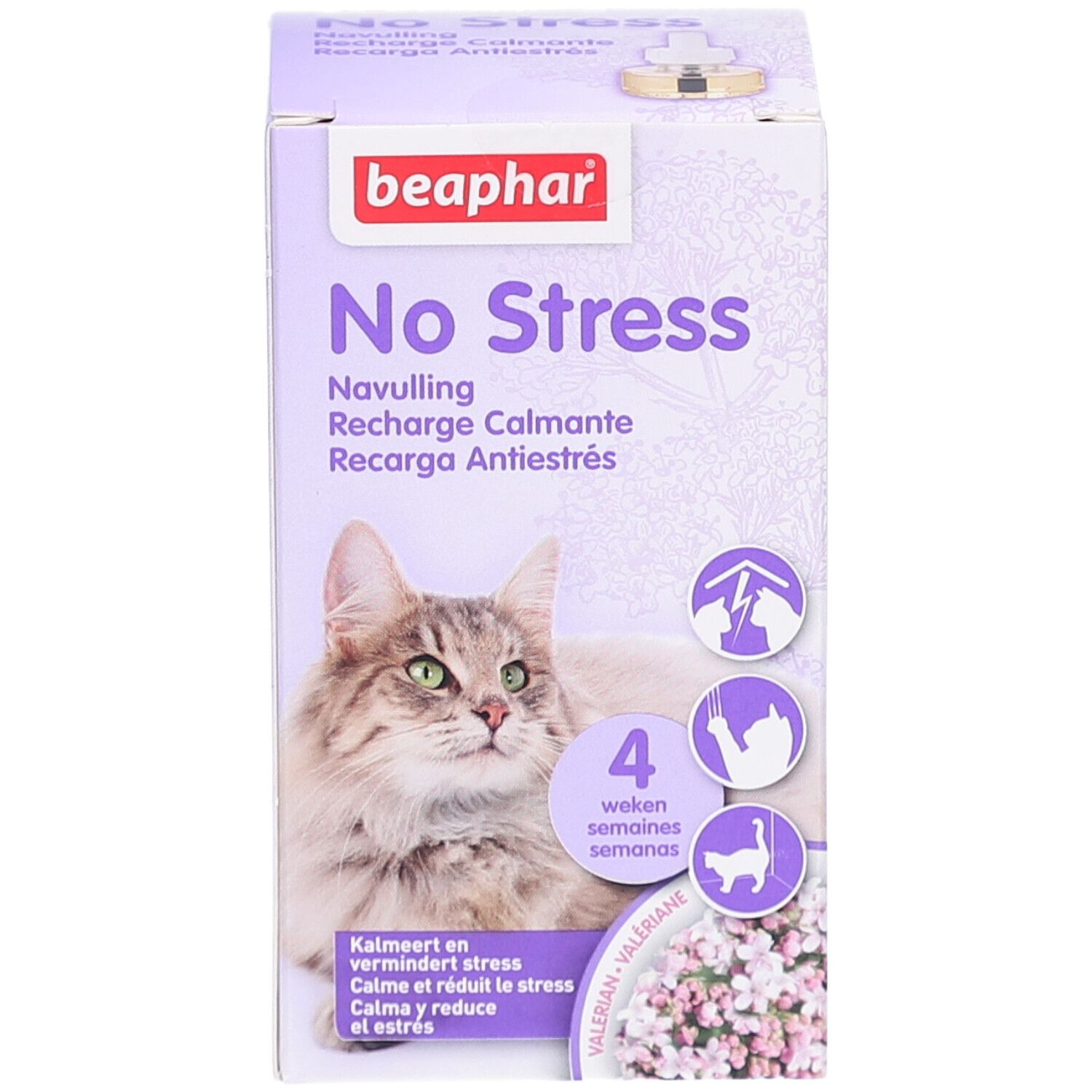 Beaphar No Stress-Verpackung. Zeigt eine Katze, Produktname und Informationen.