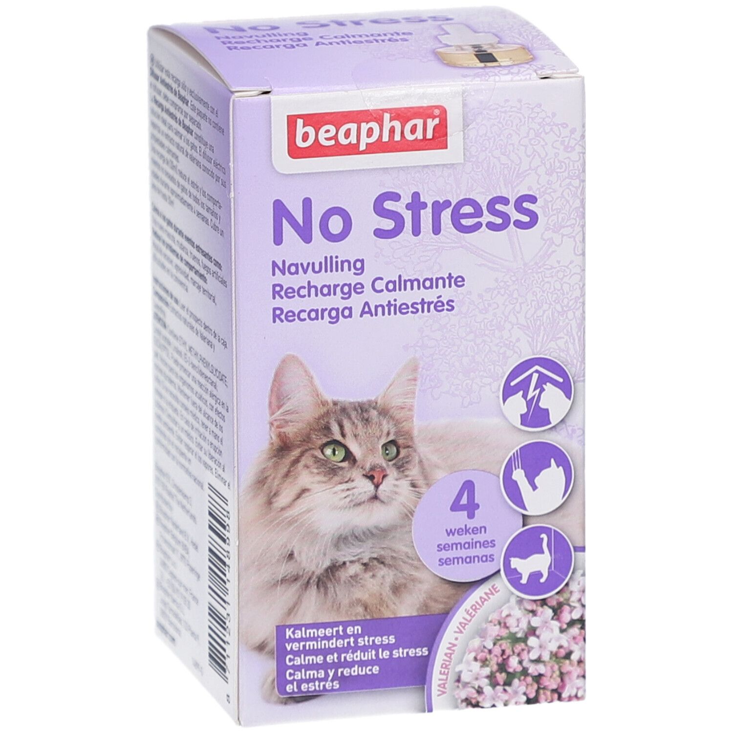 Beaphar No Stress-Verpackung. Zeigt eine Katze, Produktname und Informationen.