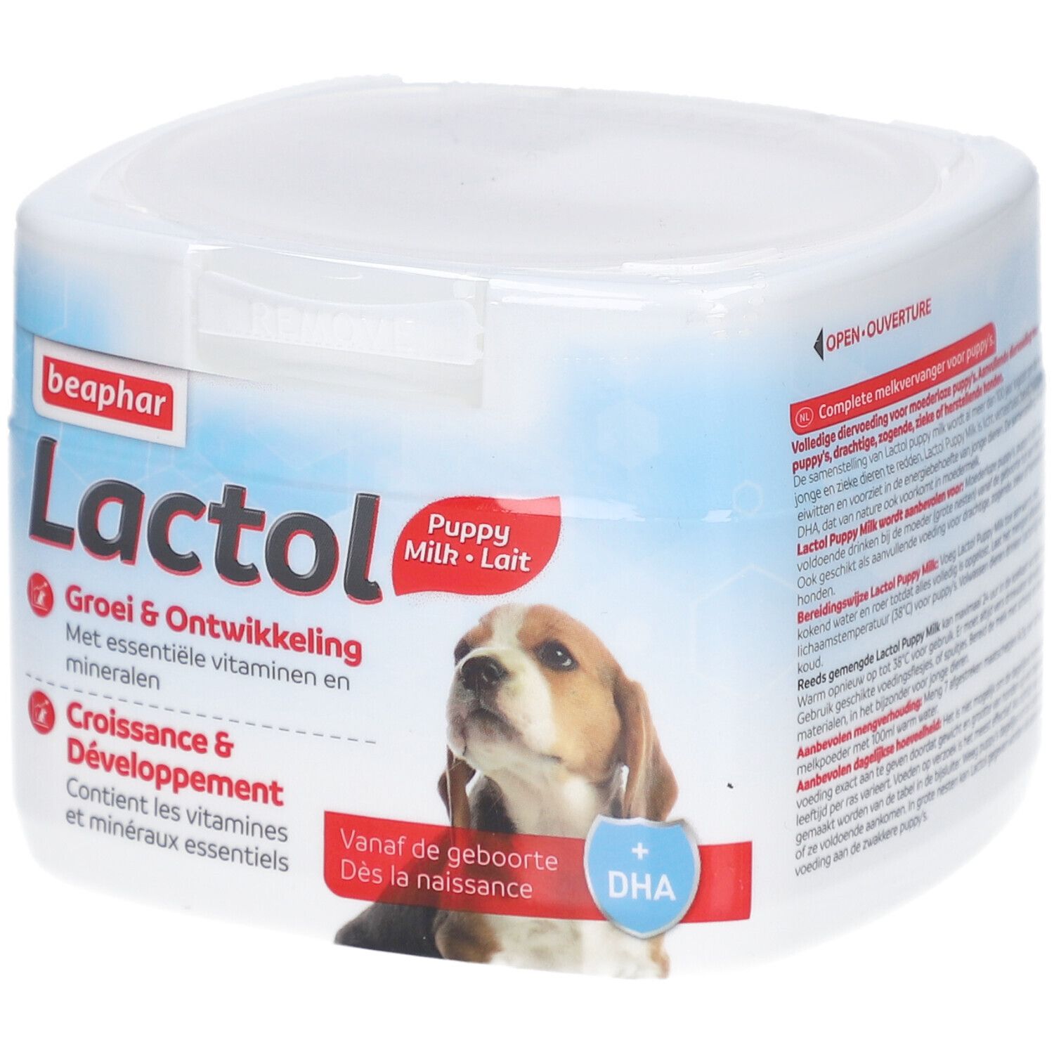 Beaphar Lactol Puppy Milk. Weiße Dose mit Welpenabbildung. Enthält essentielle Vitamine und Mineralien. Ab Geburt.