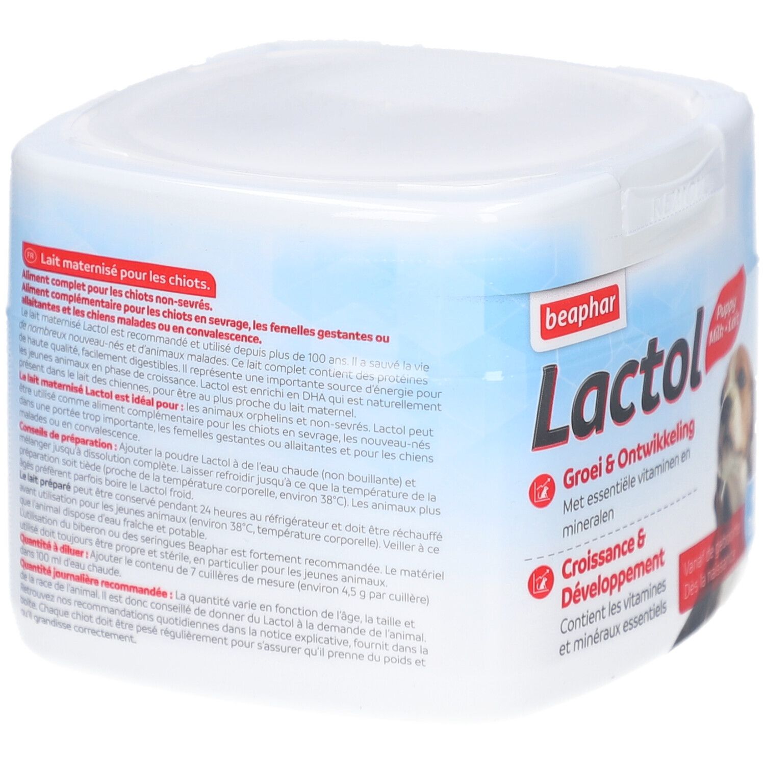 Beaphar Lactol Puppy Milk. Weiße Dose mit Text. Enthält Informationen zur Anwendung und Inhaltsstoffe. Rückseite.