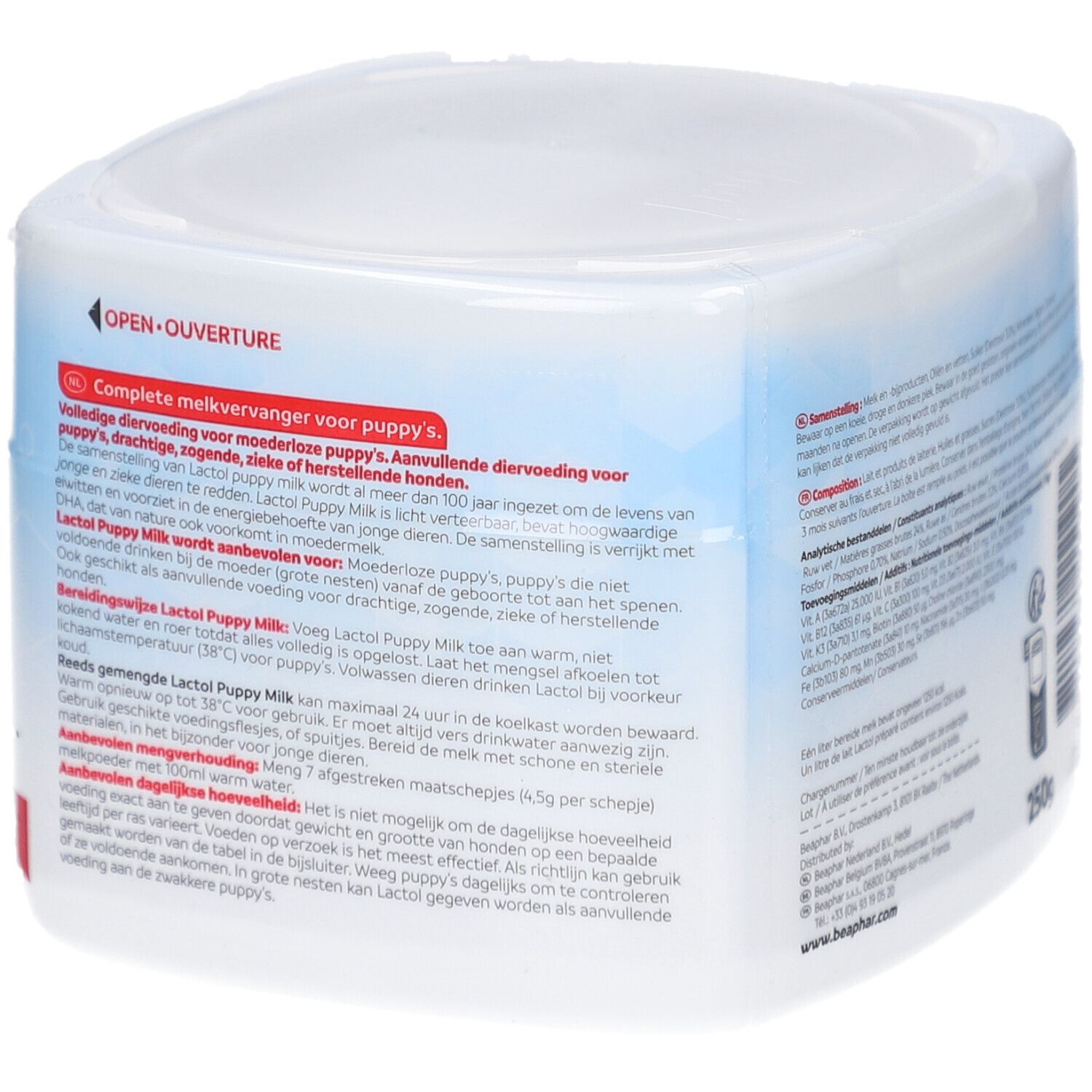 Beaphar Lactol Puppy Milk. Weiße Dose mit Text. Enthält Informationen zur Anwendung. Rückseite.