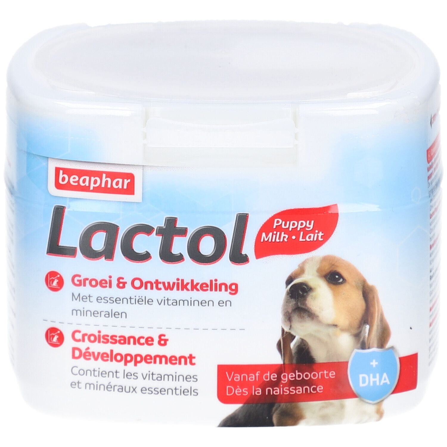 Beaphar Lactol Puppy Milk. Weiße Dose mit Welpenabbildung. Enthält essentielle Vitamine und Mineralien. Ab Geburt.
