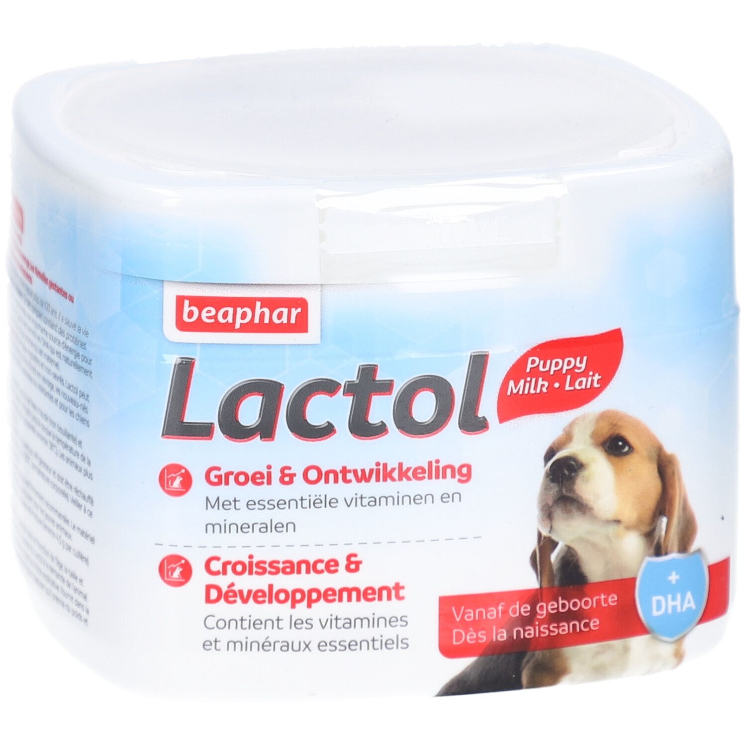 Beaphar Lactol Puppy Milk. Weiße Dose mit Welpenabbildung. Enthält essentielle Vitamine und Mineralien. Ab Geburt.