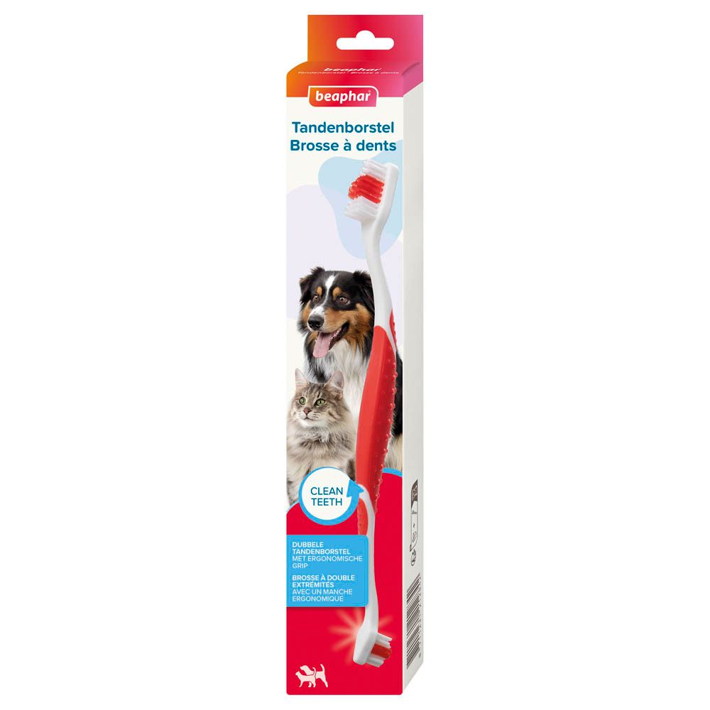 Brosse à dents Beaphar pour chiens et chats, rouge. Tête double face pour un nettoyage efficace.