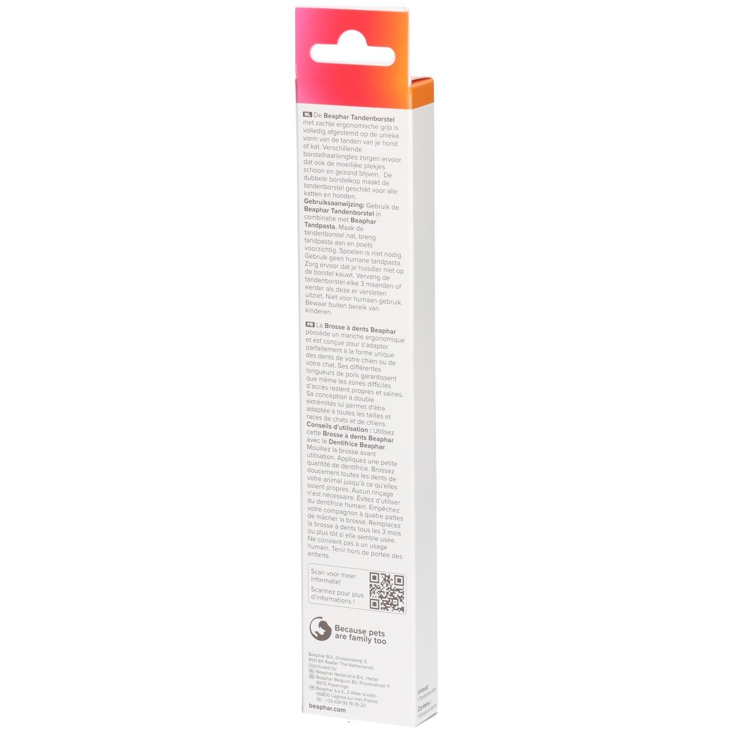 Rückseite der Beaphar Zahnbürstenverpackung mit Produktinformationen in mehreren Sprachen.