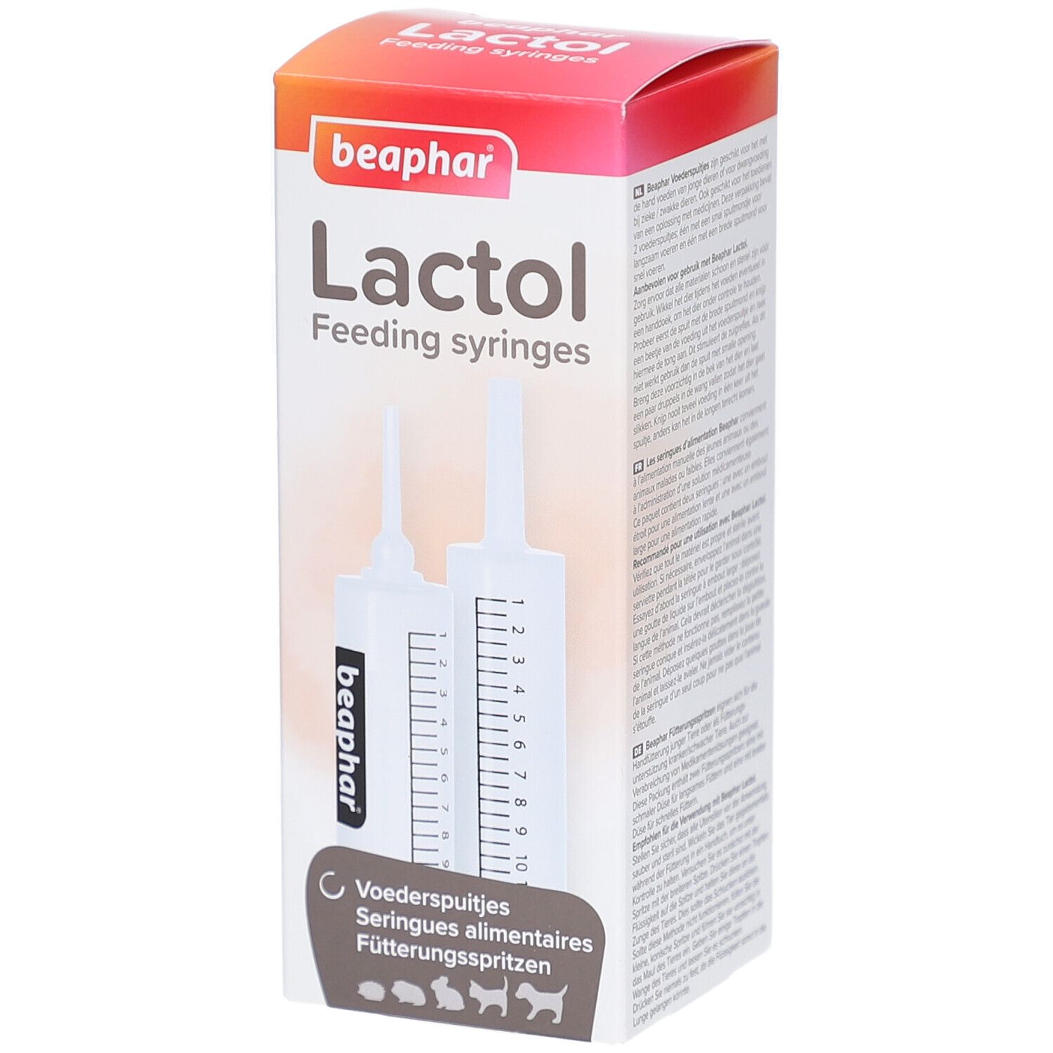 Kartonverpackung mit zwei weißen Fütterungsspritzen. Aufschrift "beaphar Lactol Feeding syringes". Skala von 1 bis 10.