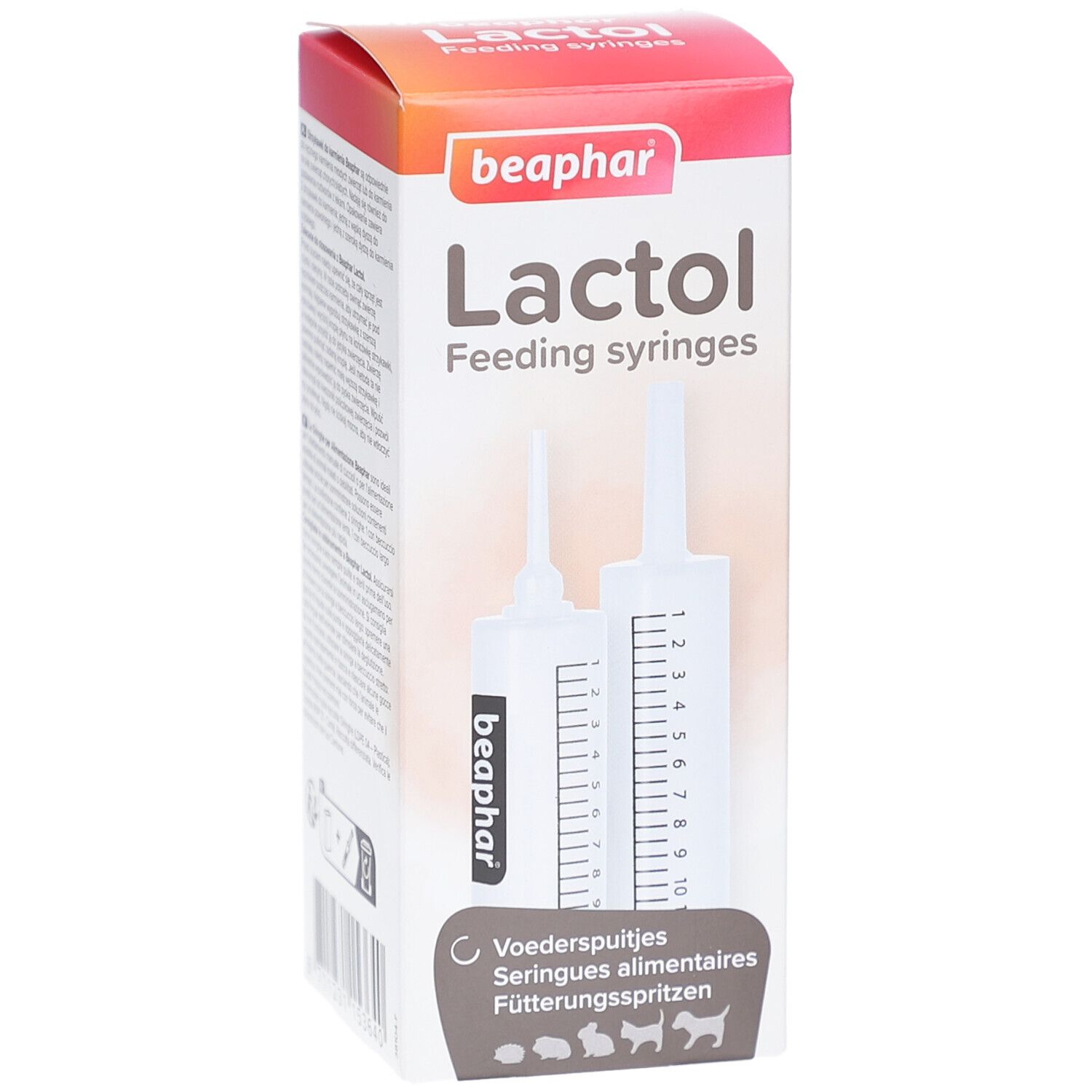 Kartonverpackung mit zwei weißen Fütterungsspritzen. Aufschrift "beaphar Lactol Feeding syringes". Skala von 1 bis 10.