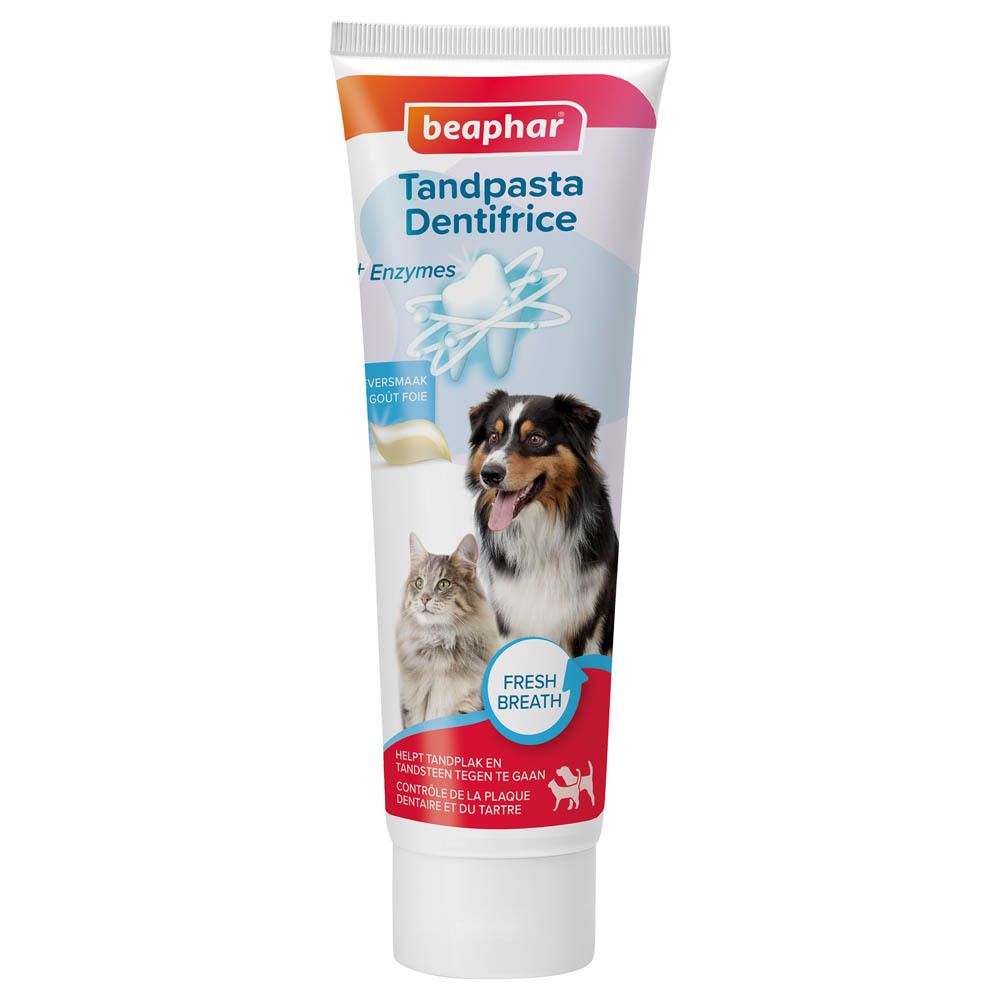 Tube de dentifrice avec chien et chat. Inscription : beaphar, Tandpasta, Dentifrice. Contient des enzymes. Haleine fraîche.