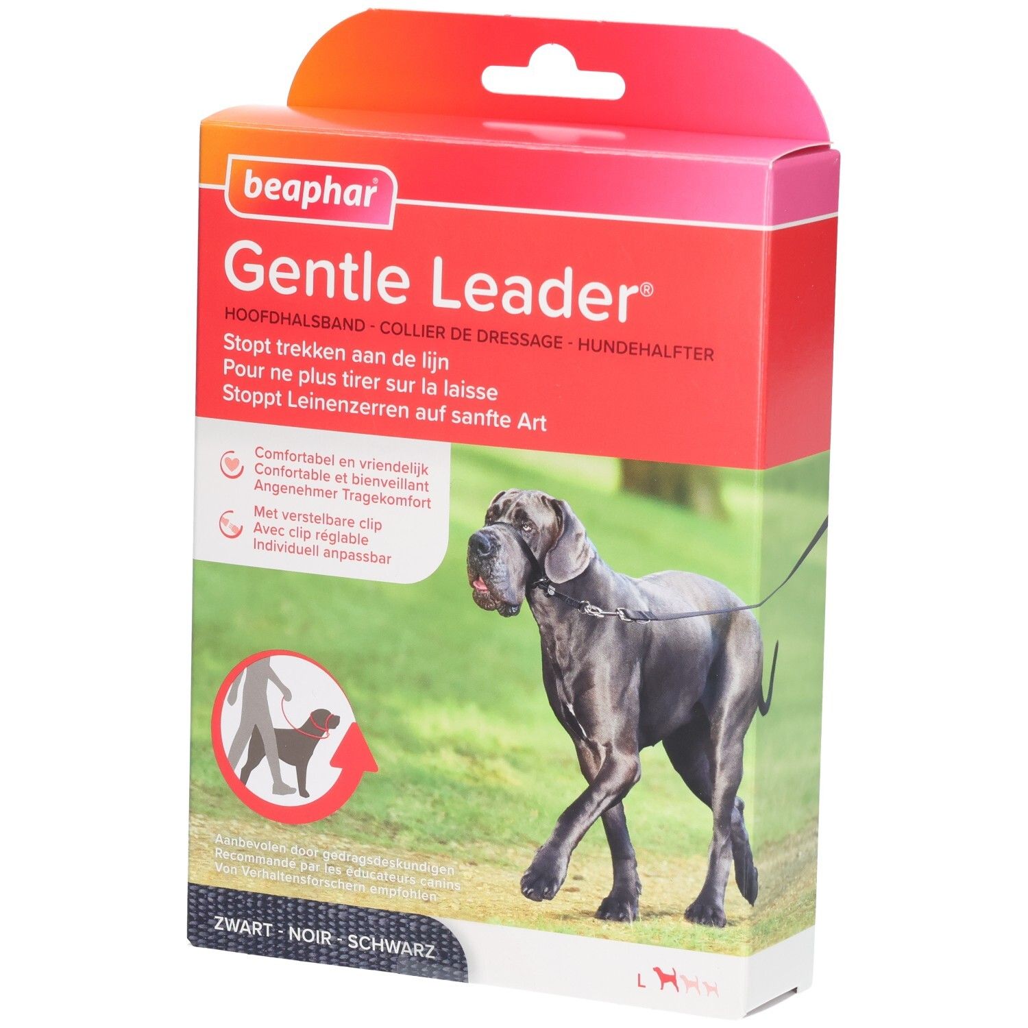 Verpackung des Beaphar Gentle Leader. Rote und weiße Box mit Produktabbildung und Text. Schwarze Leine am Hund.