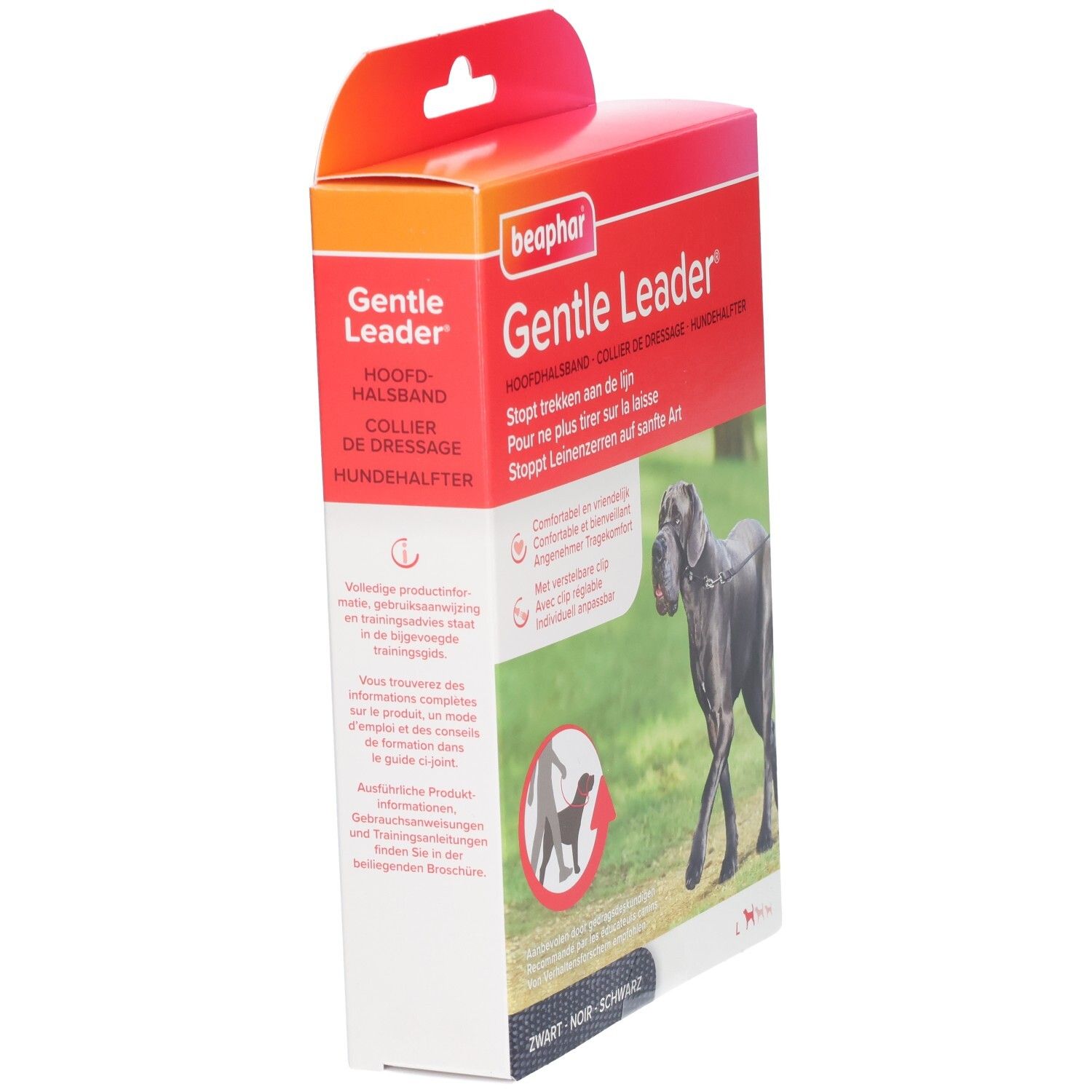 Beaphar Gentle Leader Verpackung, schräg. Rote und weiße Box mit Produktabbildung und Text. Hund auf Rasen.