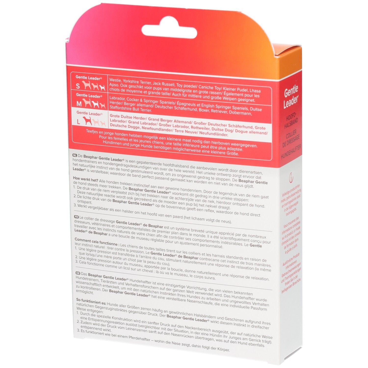 Rückseite der Beaphar Gentle Leader Verpackung. Text in mehreren Sprachen. Größenangaben für Hunde.