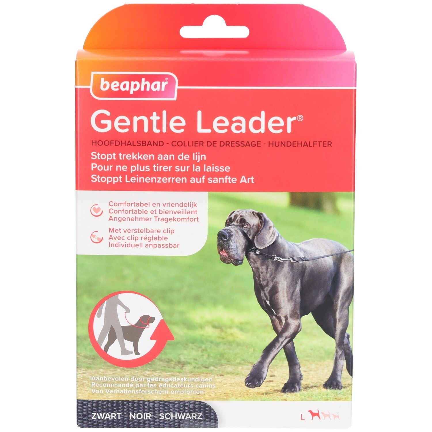 Beaphar Gentle Leader Verpackung. Rote und weiße Box mit Produktabbildung und Text. Schwarze Leine am Hund.