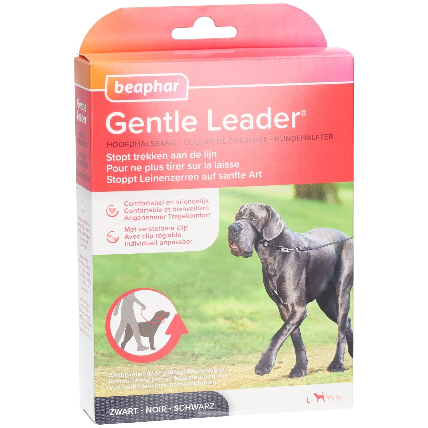 Beaphar Gentle Leader Verpackung. Rote und weiße Box mit Produktabbildung und Text. Schwarze Leine am Hund.