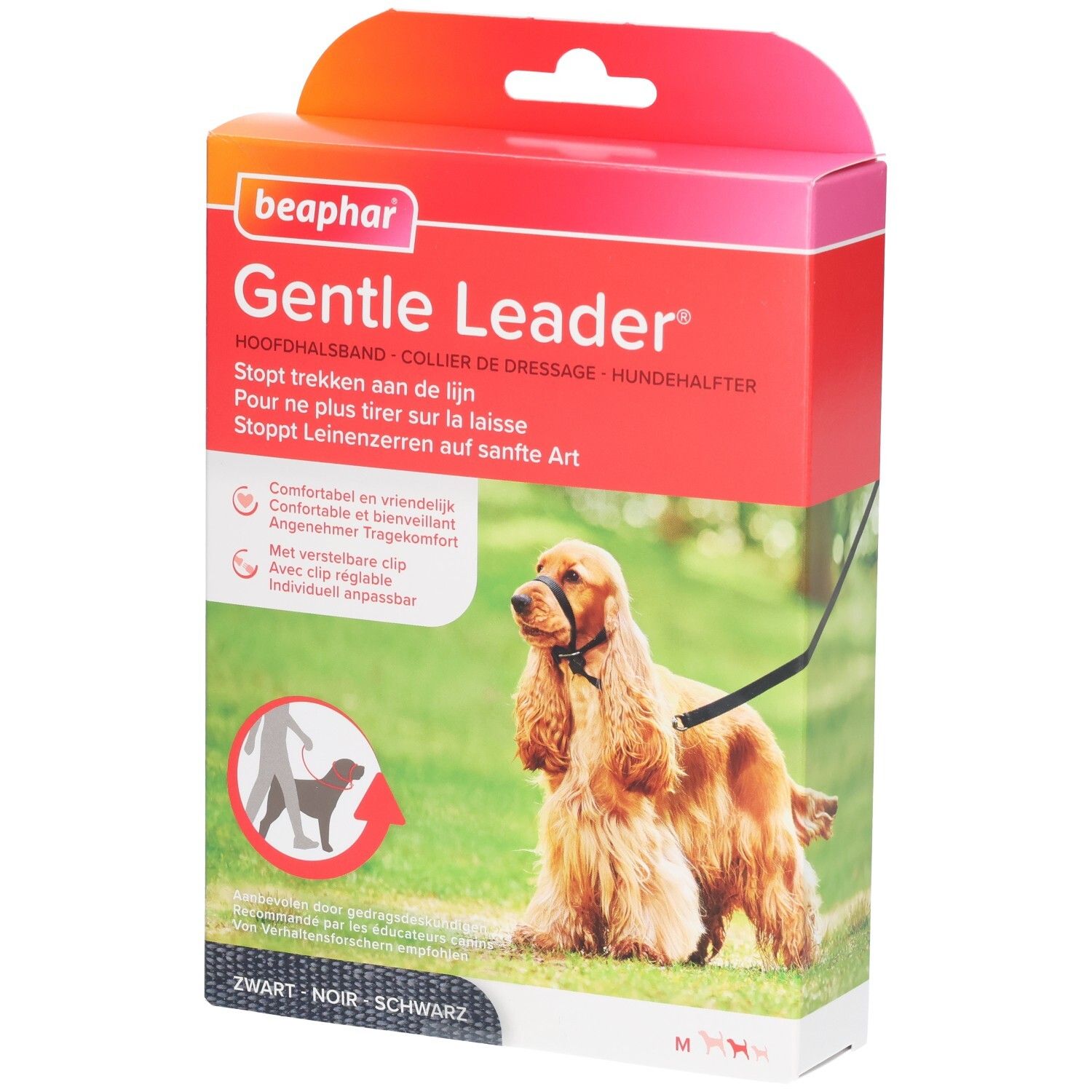 Verpackung des Beaphar Gentle Leader. Schwarzes Halsband für mittelgroße Hunde. Produktabbildung mit Hund.