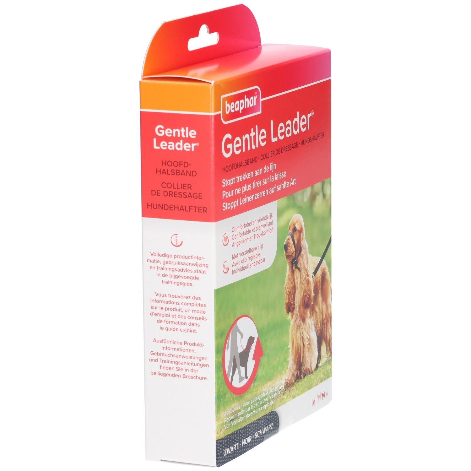 Beaphar Gentle Leader Verpackung. Produktinformationen auf der Seite. Schwarzes Halsband für Hunde.