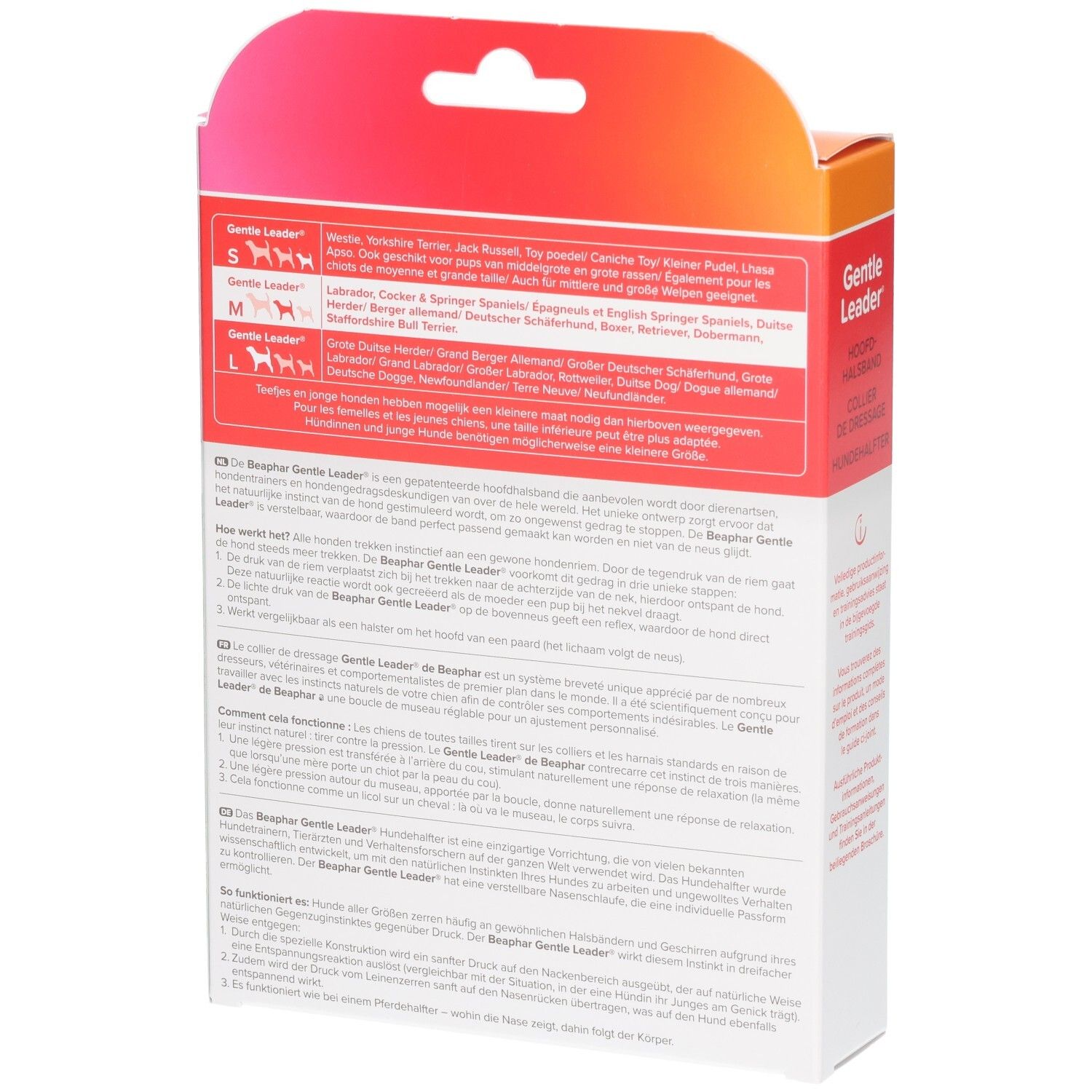 Rückseite der Beaphar Gentle Leader Verpackung. Größenangaben für Hunde. Text in mehreren Sprachen.